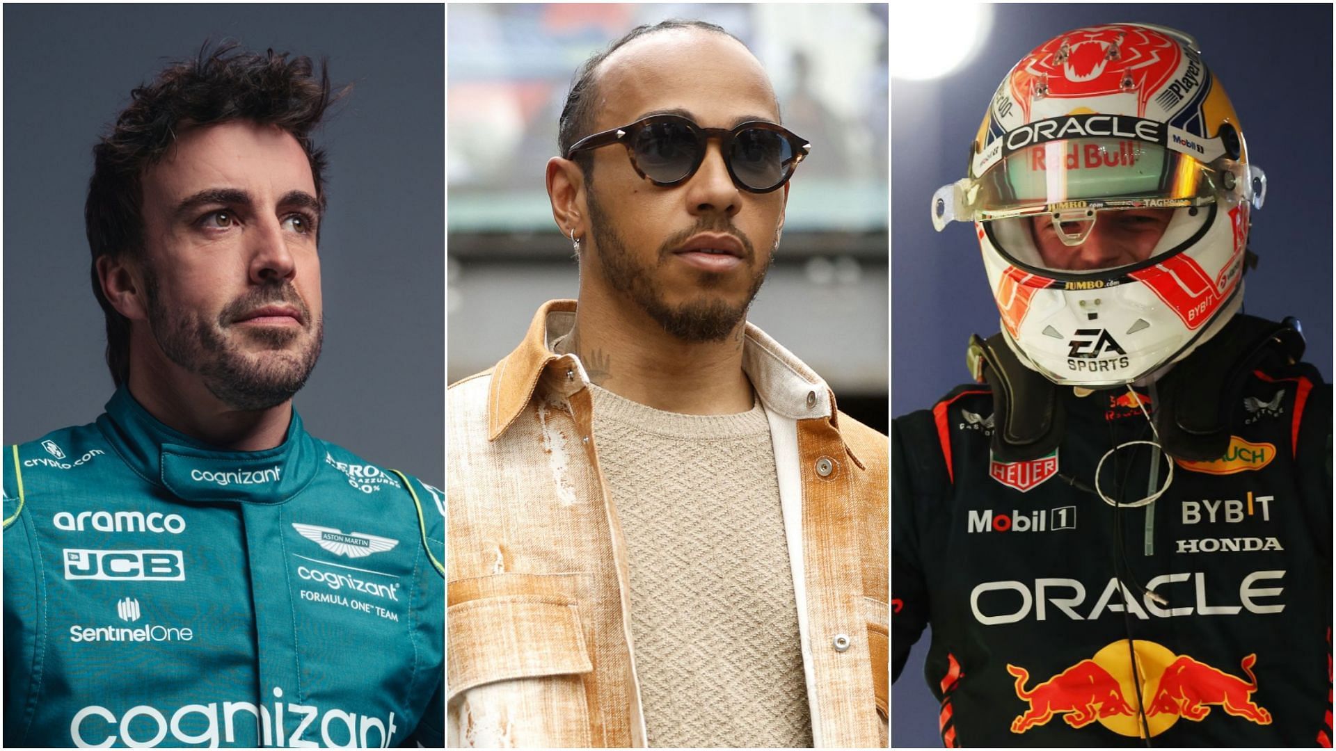Fernando Alonso (Left), Lewis Hamilton (Center), and Max Verstappen (Right) (Collage via Sportskeeda)