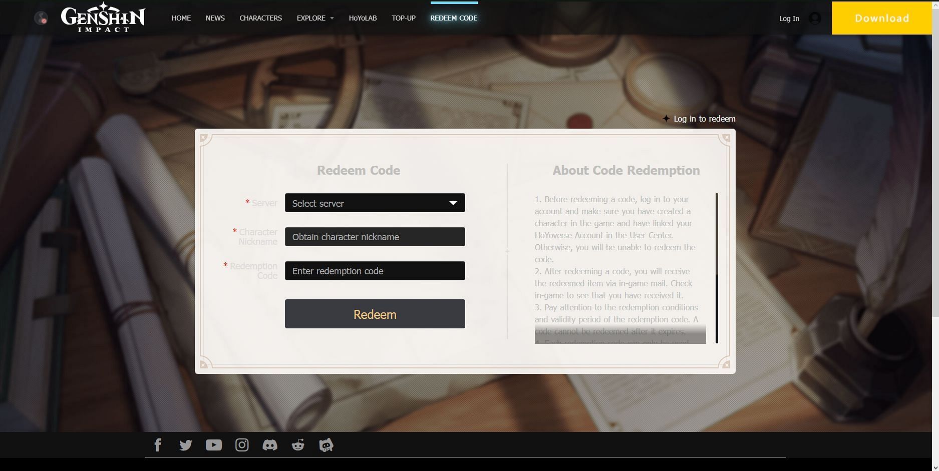 Code redemption page on the official website (Image via Genshin Impact)