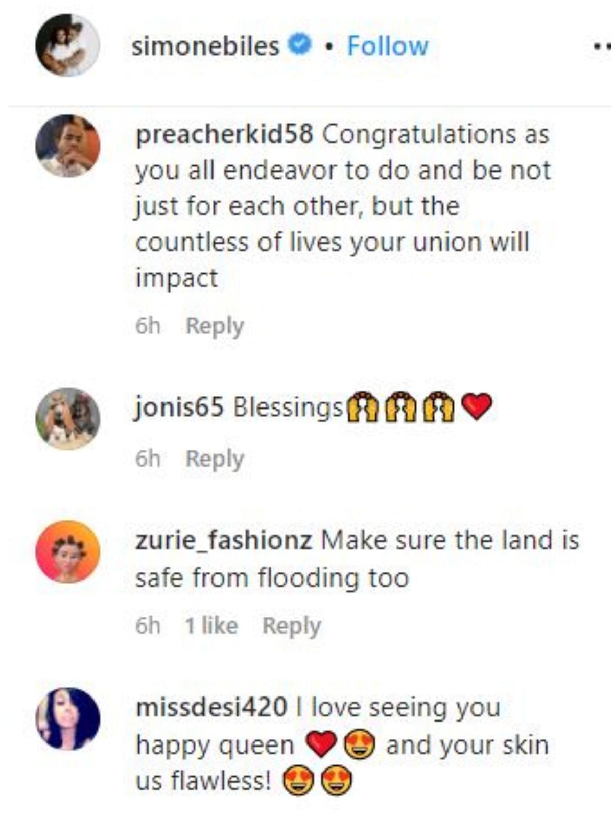 Screengrab of Simone Biles&#039; Instagram comment section