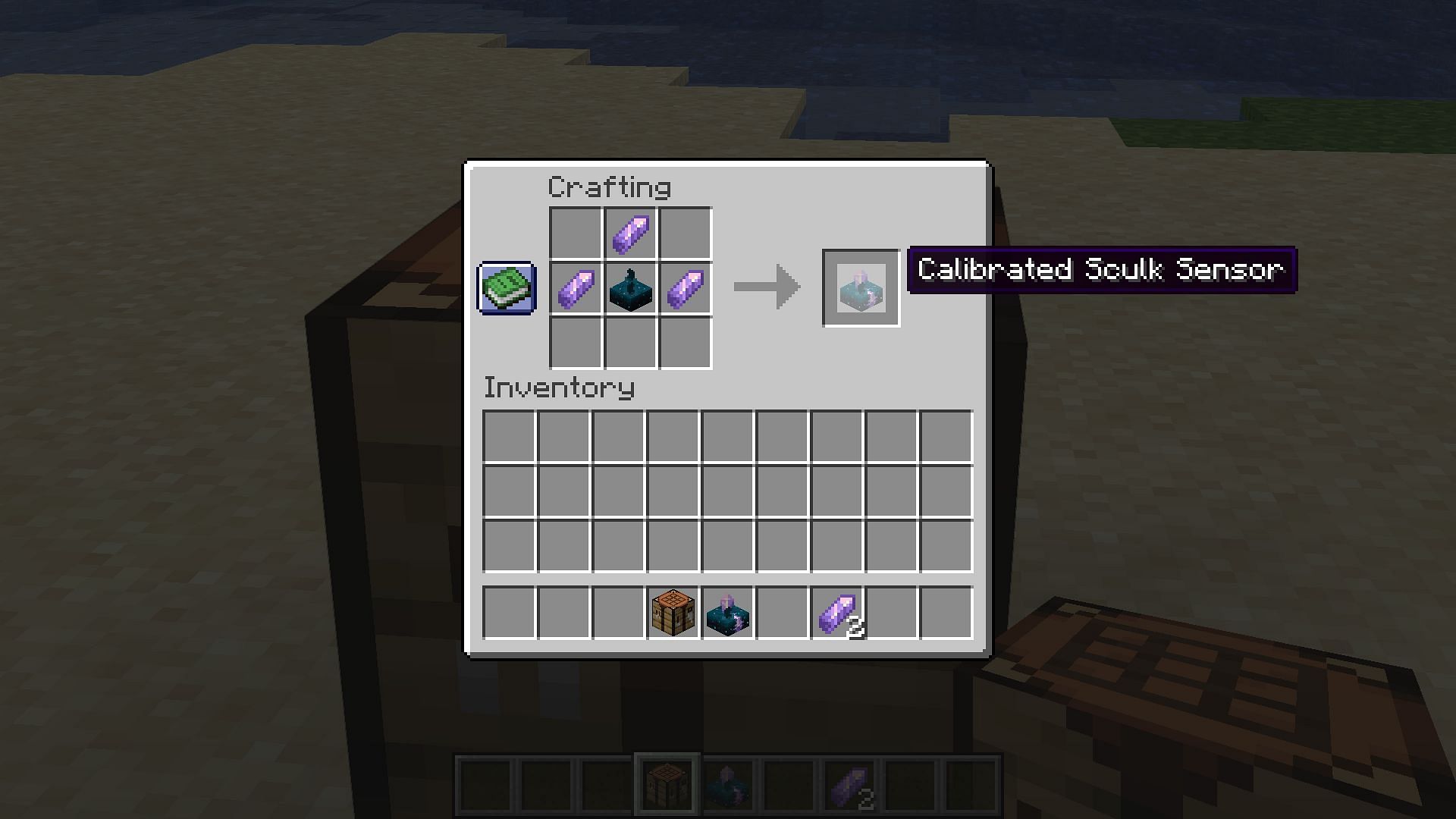 A calibrated sculk sensor can be crafted with three amethyst shards and a regular sculk sensor in Minecraft 1.20 Trails and Tales update (Image via Mojang)