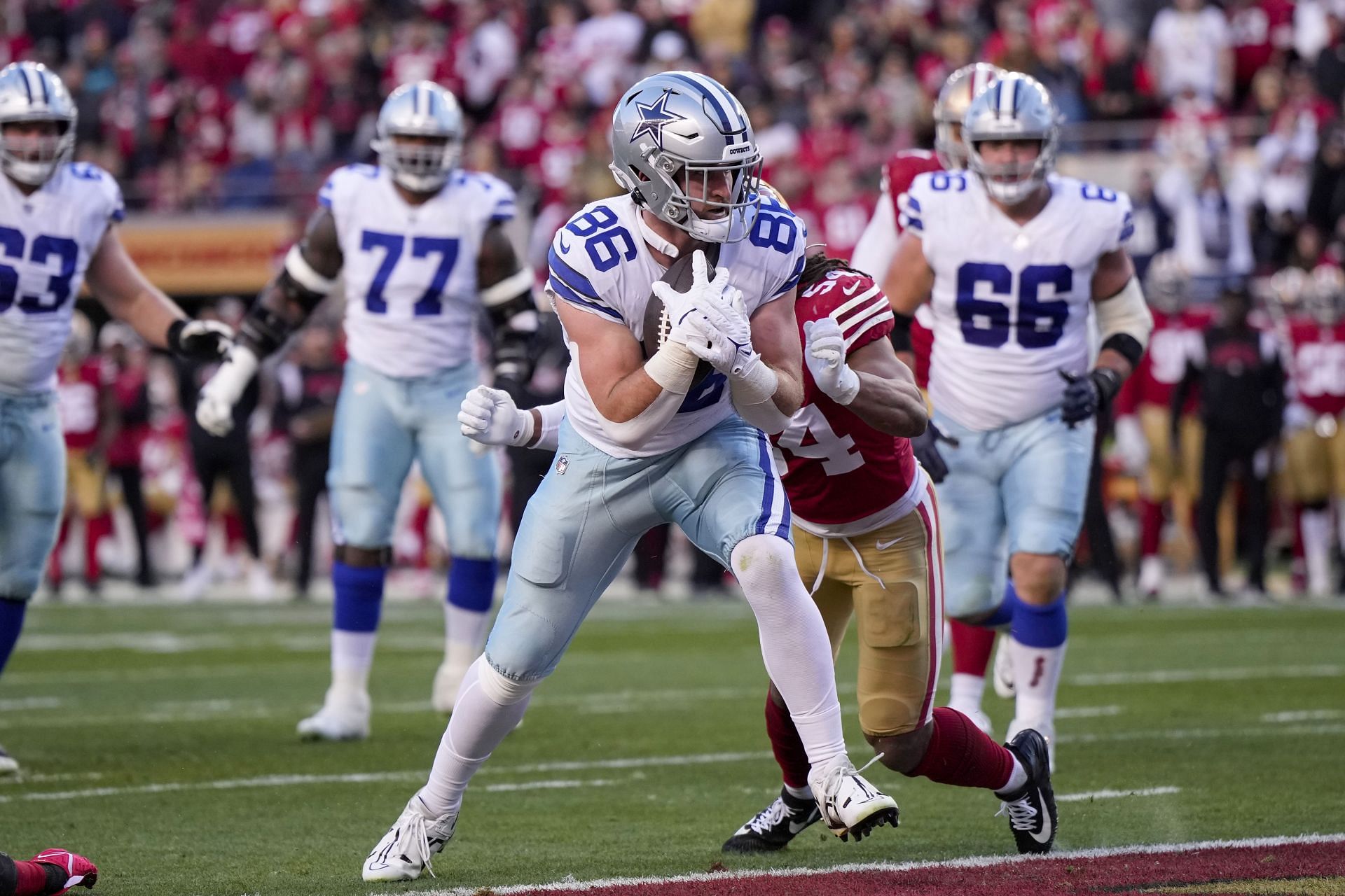 Dalton Schultz NFC in action during the Divisional Playoffs - Dallas Cowboys v San Francisco 49ers