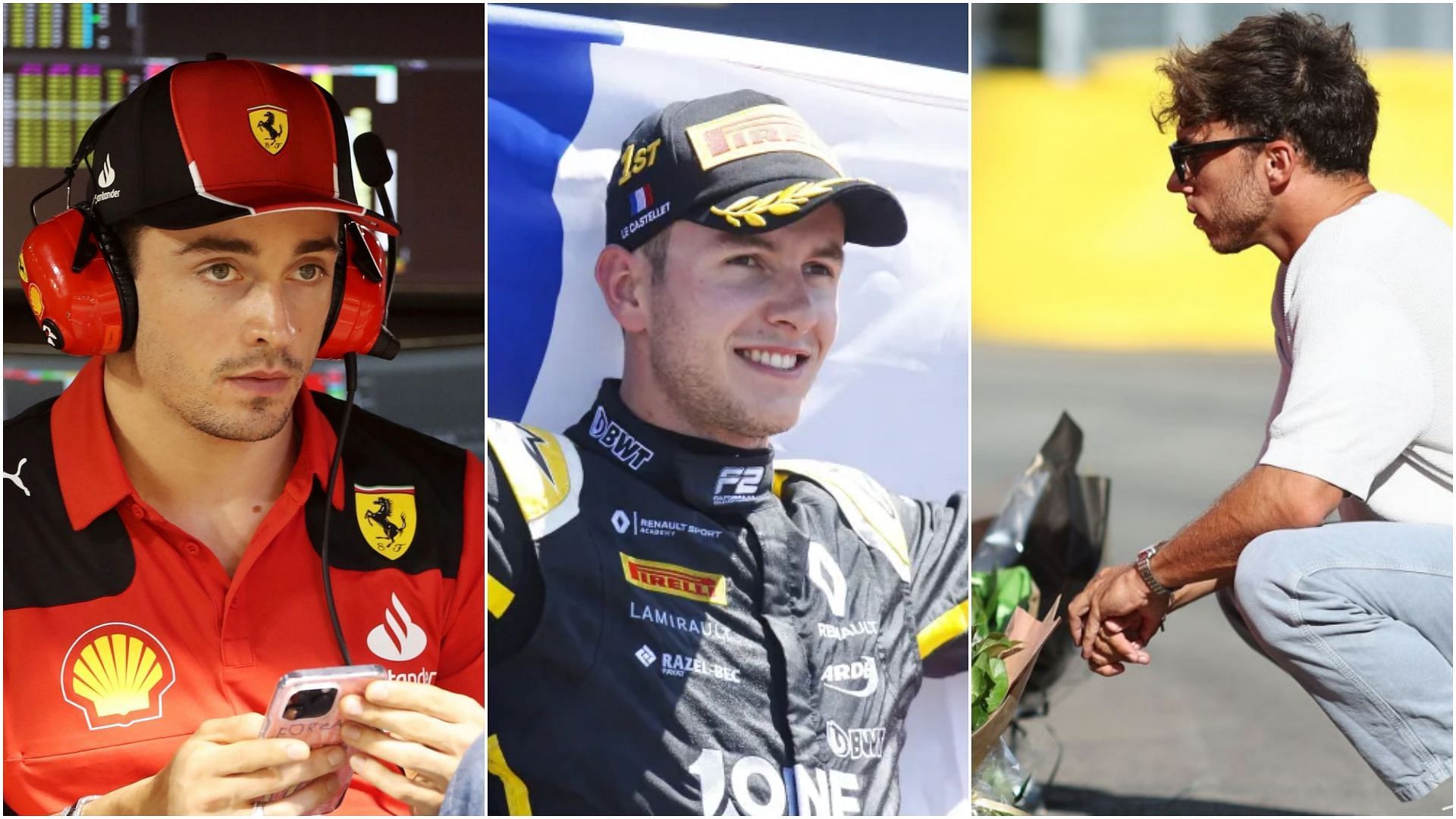 Charles Leclerc (Left), Anthoine Hubert (Center) and Pierre Gasly (Right) (Collage via Sportskeeda)