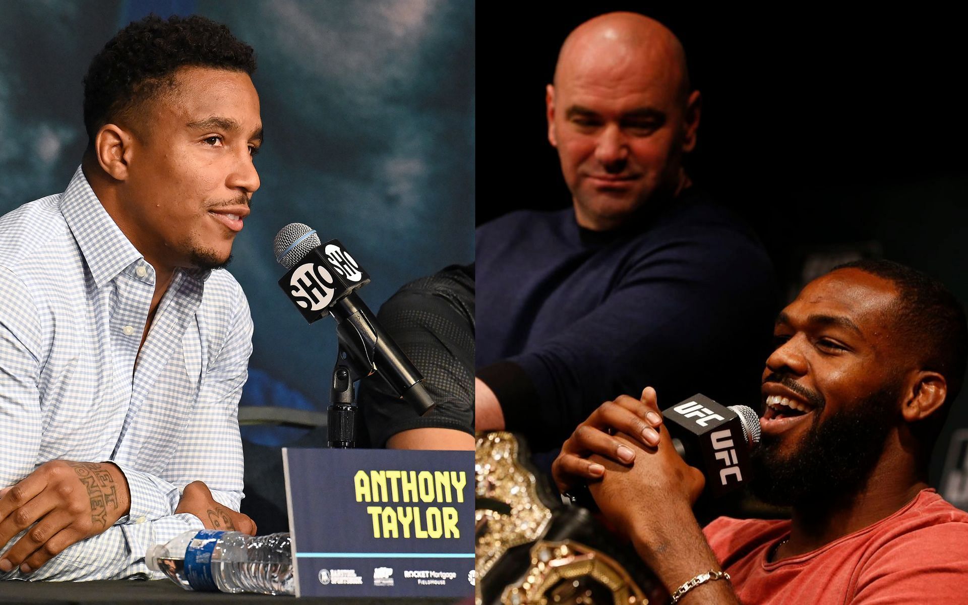 Anthony Taylor (left), and Dana White and Jon Jones (right). [via Getty Images]