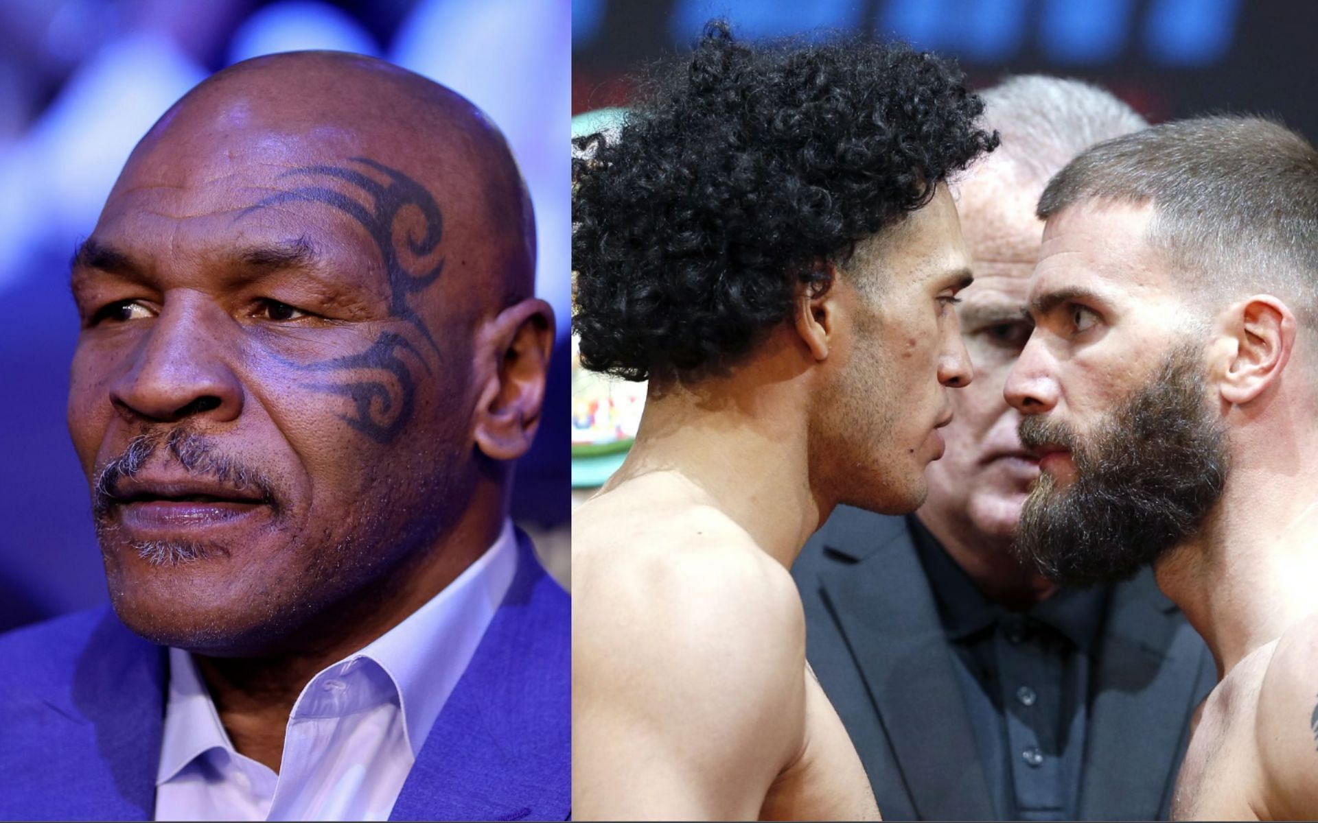 (Left) Mike Tyson and David Benavidez facing off with Caleb Plant (Image credits: Getty Images)