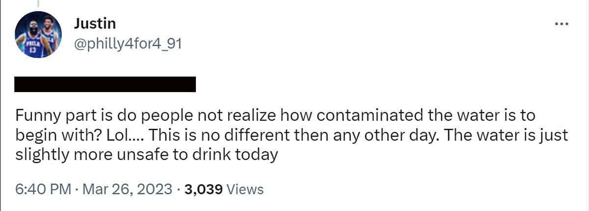 A comment reacting to the water crisis (Image via Twitter /@StephHoover8)