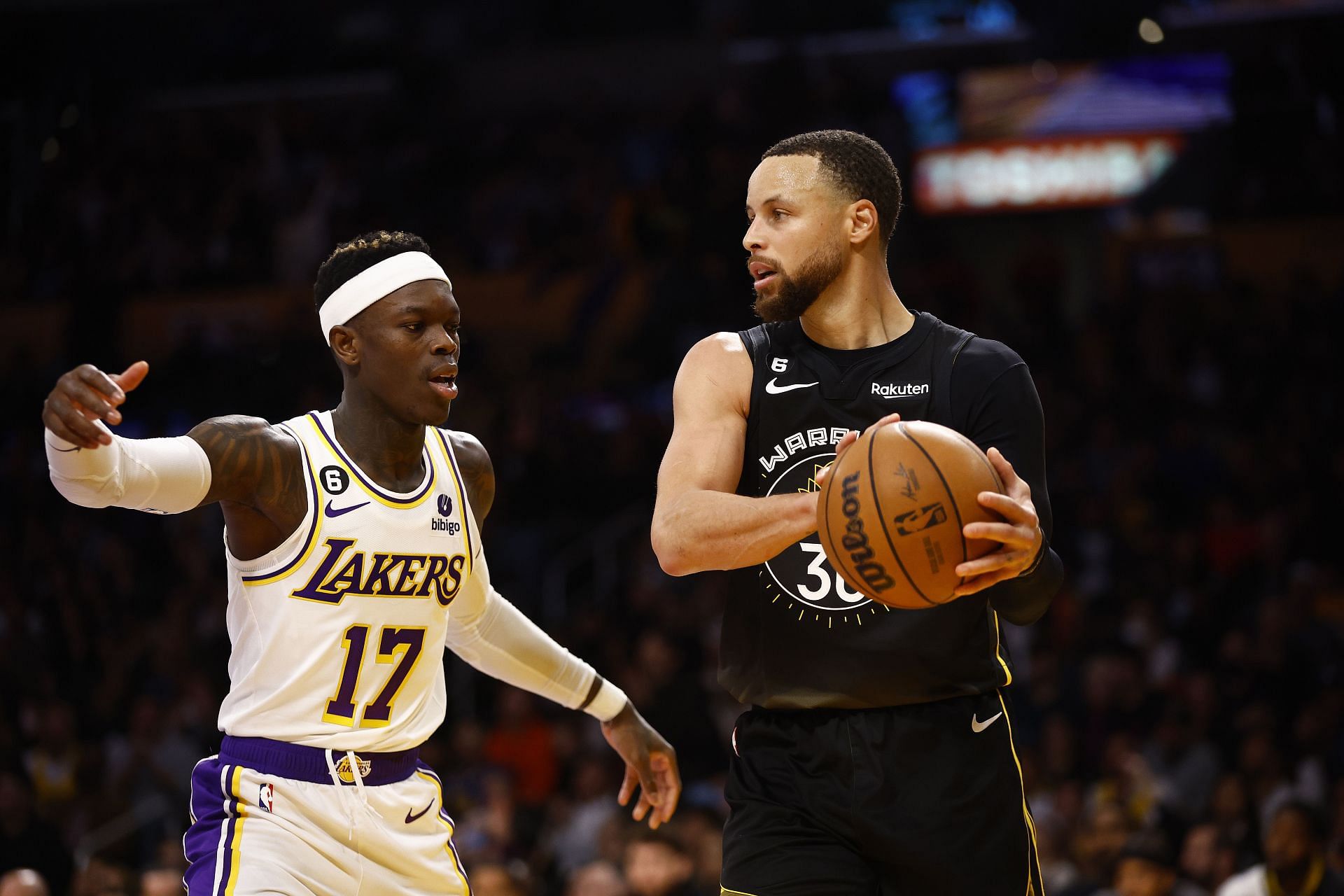 Golden State Warriors superstar point guard Steph Curry in NBA action against the LA Lakers