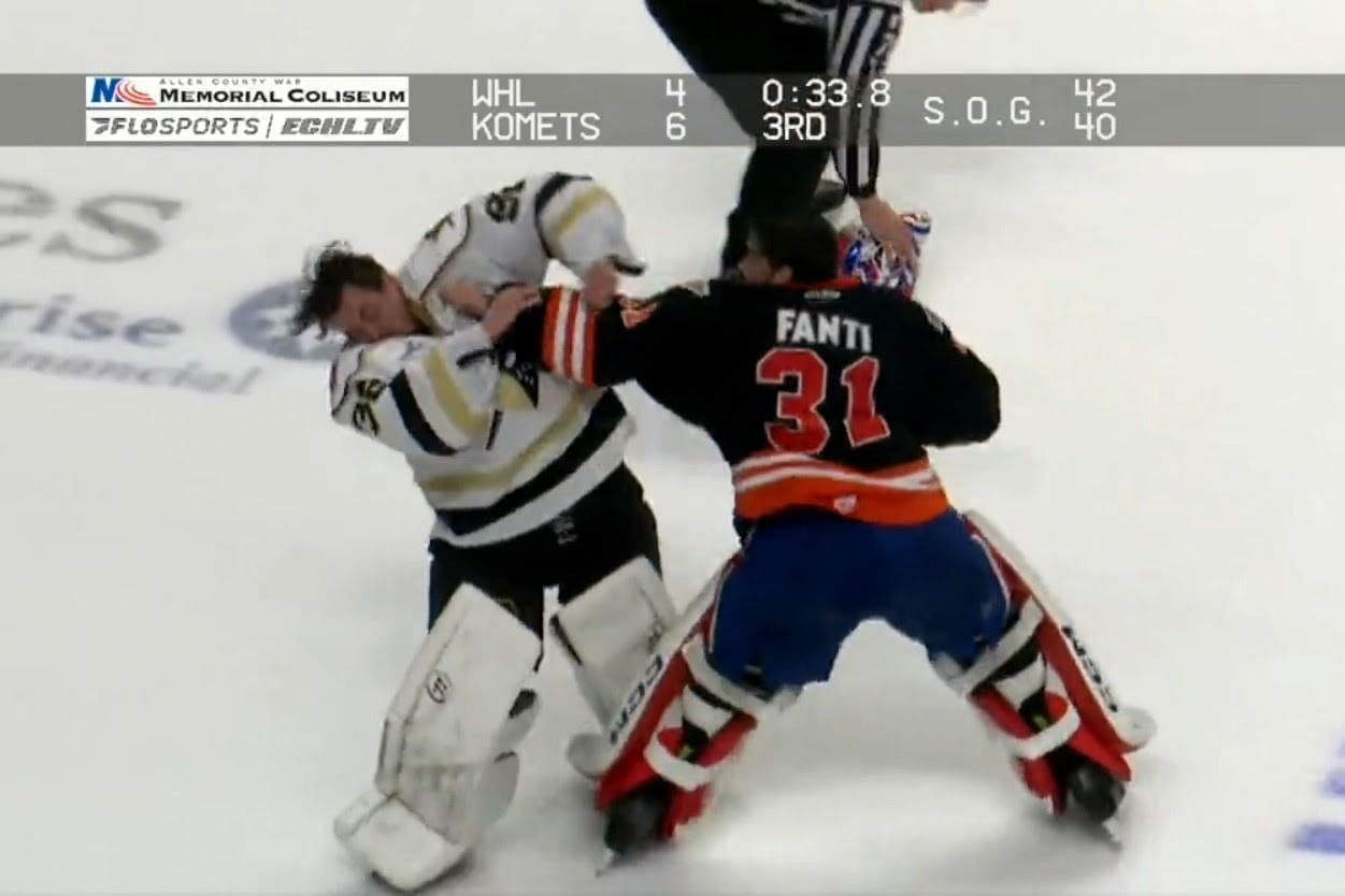 Ryan Fanti engages Brad Barone during ECHL game.