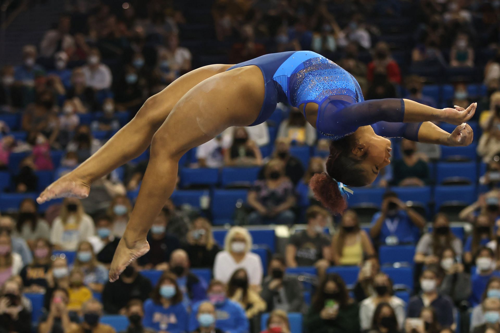 Jordan Chiles of the UCLA Bruins competes on beam against the Arizona Wildcats at UCLA Pauley Pavilion on January 30, 2022