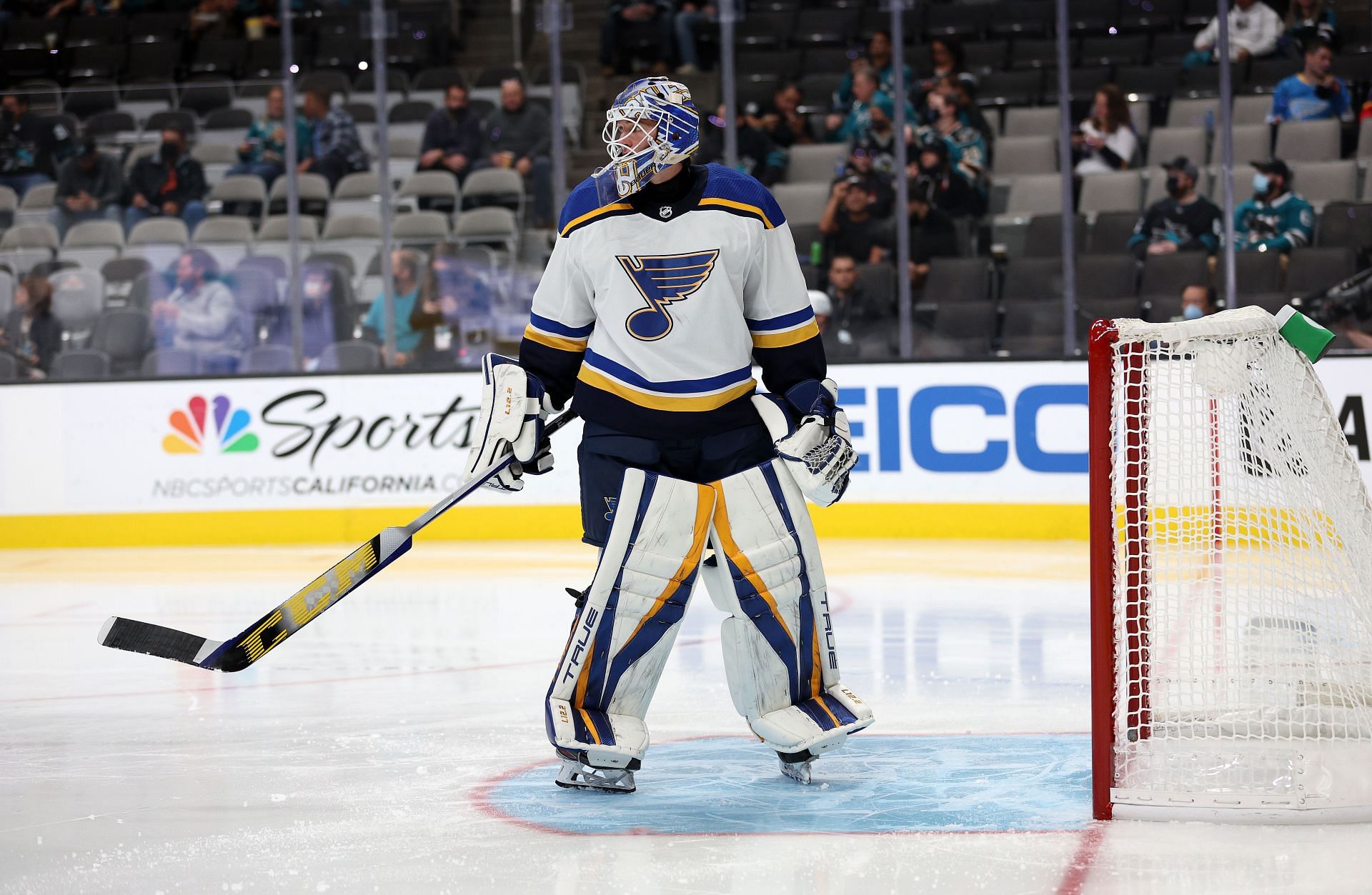 Joel Hofer in action during the St Louis Blues v San Jose Sharks