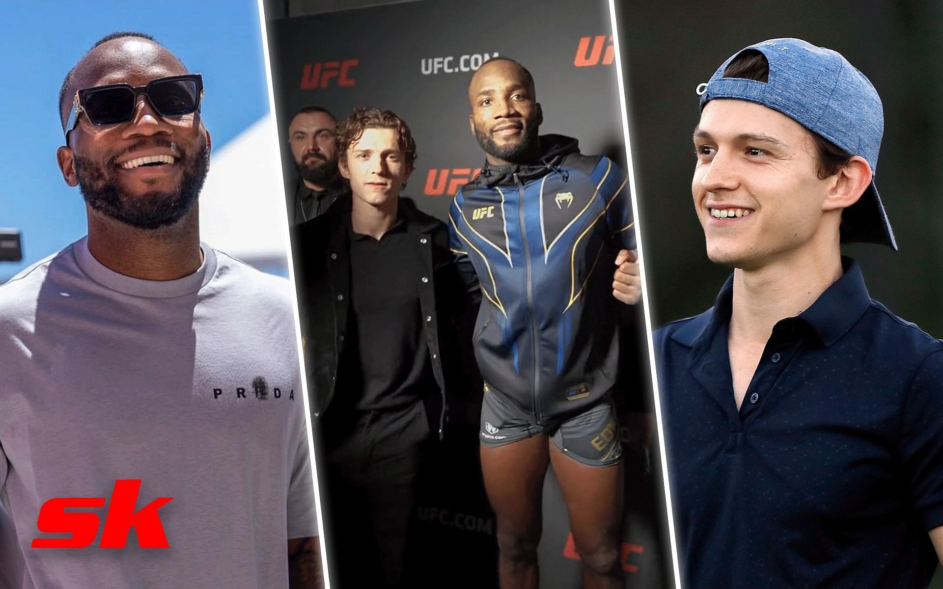 Leon Edwards (left) Leon Edwards and Tom Holland (center) Tom Holland (right) [Image courtesy @leonedwardsmma on Instagram, @ufc on Twitter]