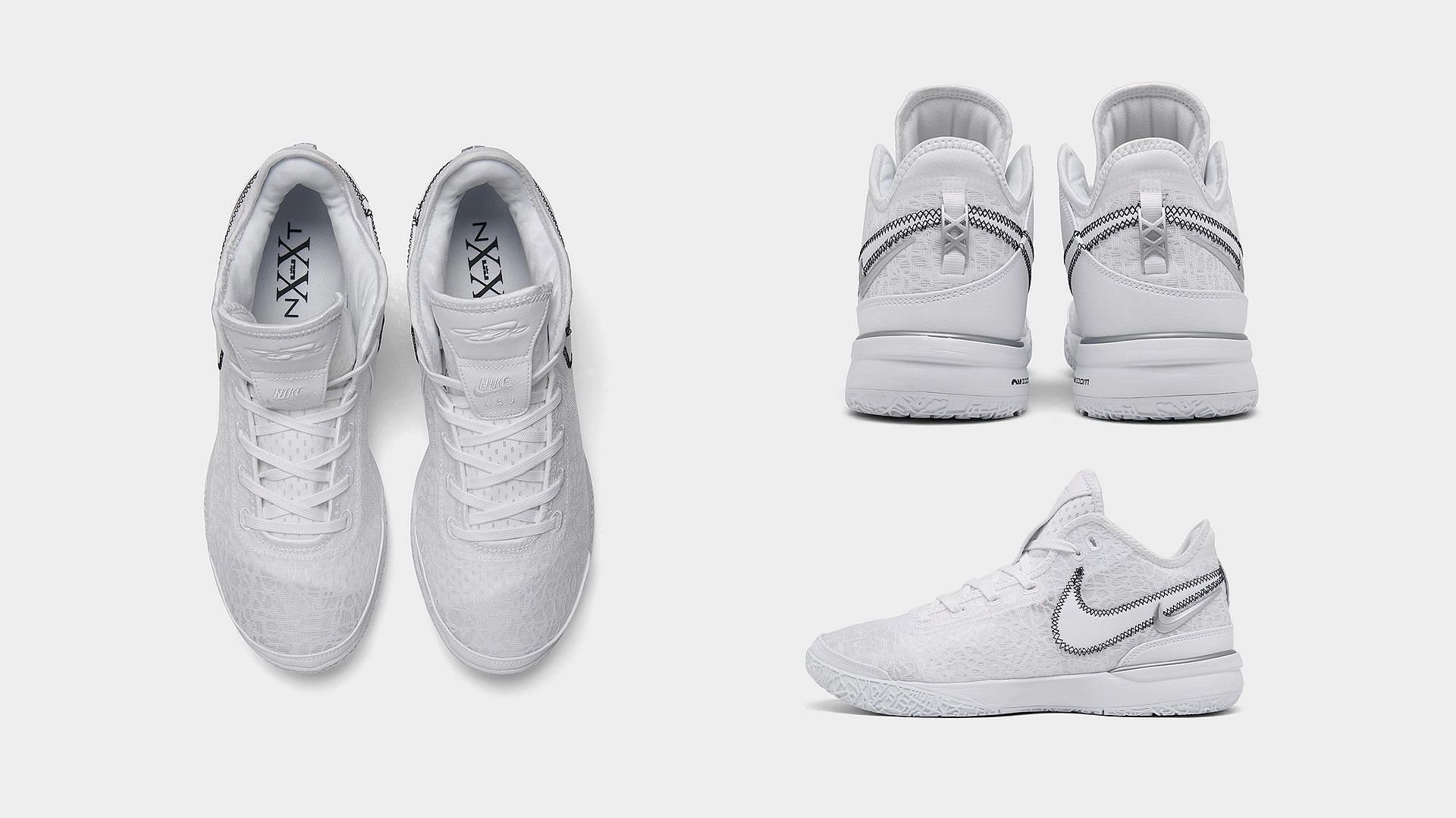 Here&#039;s a detailed look at the Nike LeBron NXXT Gen White Metallic Silver shoes (Image via Sportskeeda)