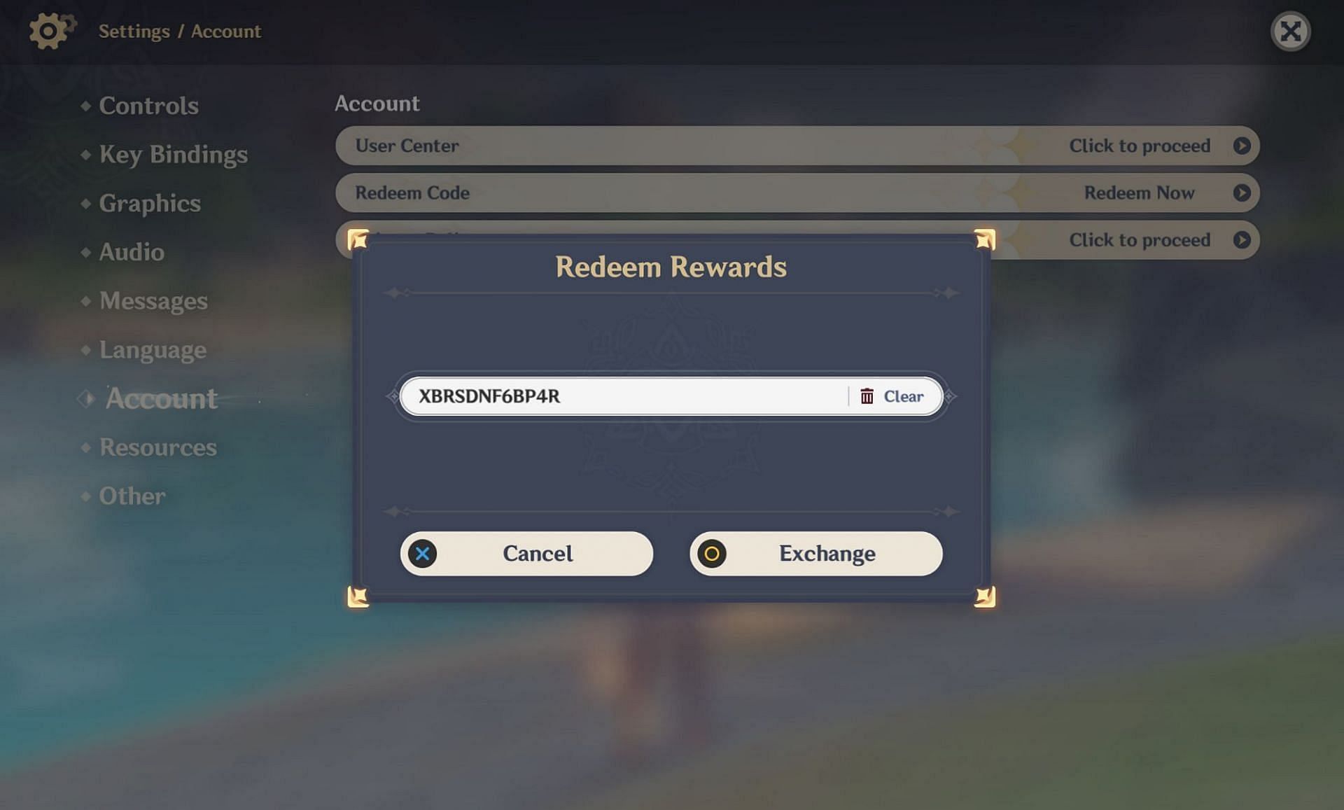 Redeem option in the Settings menu (Image via HoYoverse)