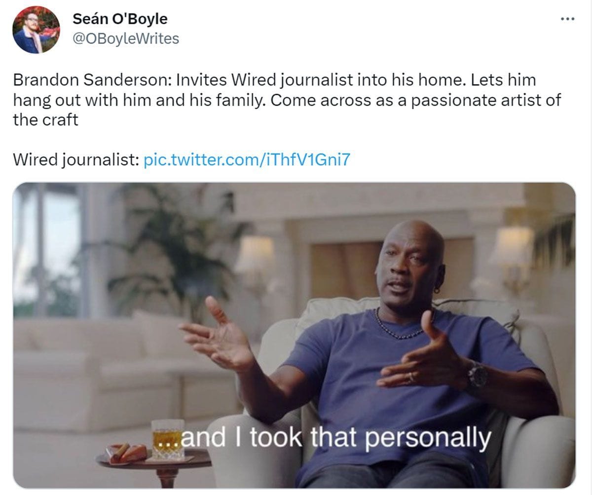 "Why is this piece so gleefully mean?" Brandon Sanderson Wired article