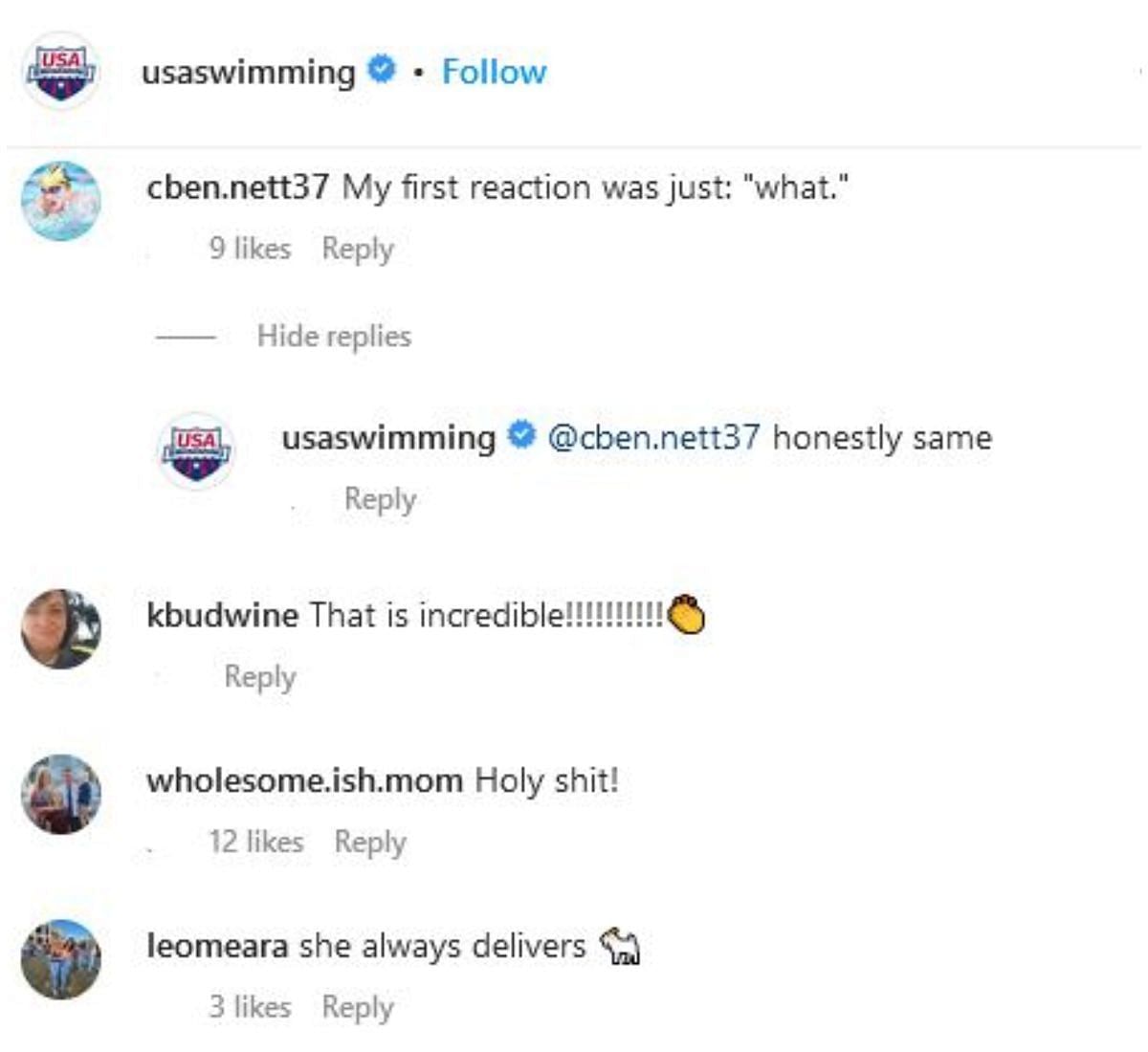 Screengrab of USASwimming&#039;s official Instagram comment section