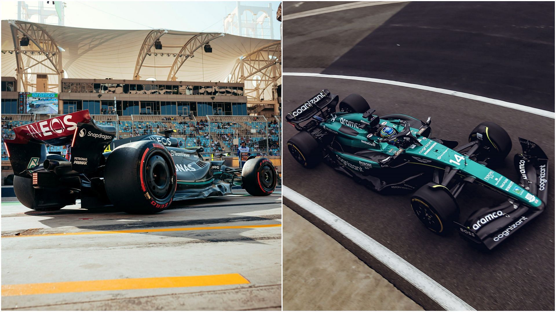 Mercedes W14 (Left) and Aston Martin AMR23 (Right) (Collage via Sportskeeda)