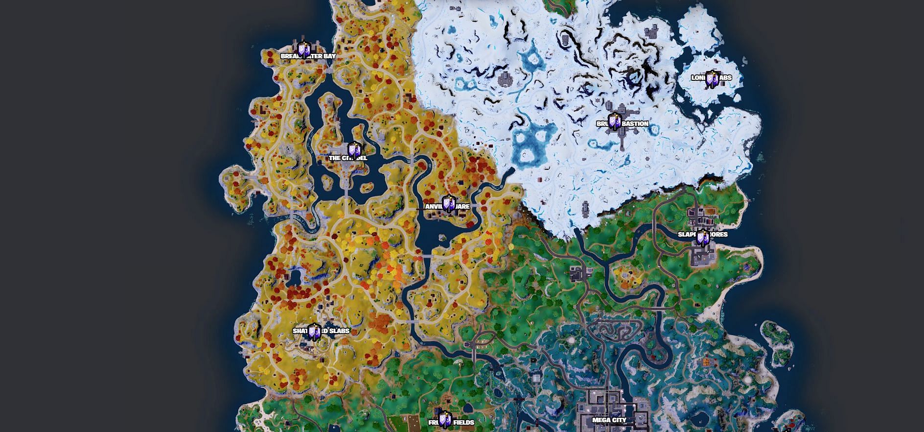 All Capture Point locations in the Grassland/Medieval Biome of the Chapter 4 Season 2 island (Image via Fortnite.GG)