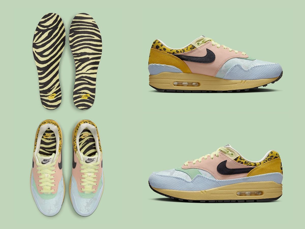 Here&#039;s a closer look at the upcoming Air Max 1 Corduroy &quot;Tiger Leopard&quot; sneakers (Image via Sportskeeda)