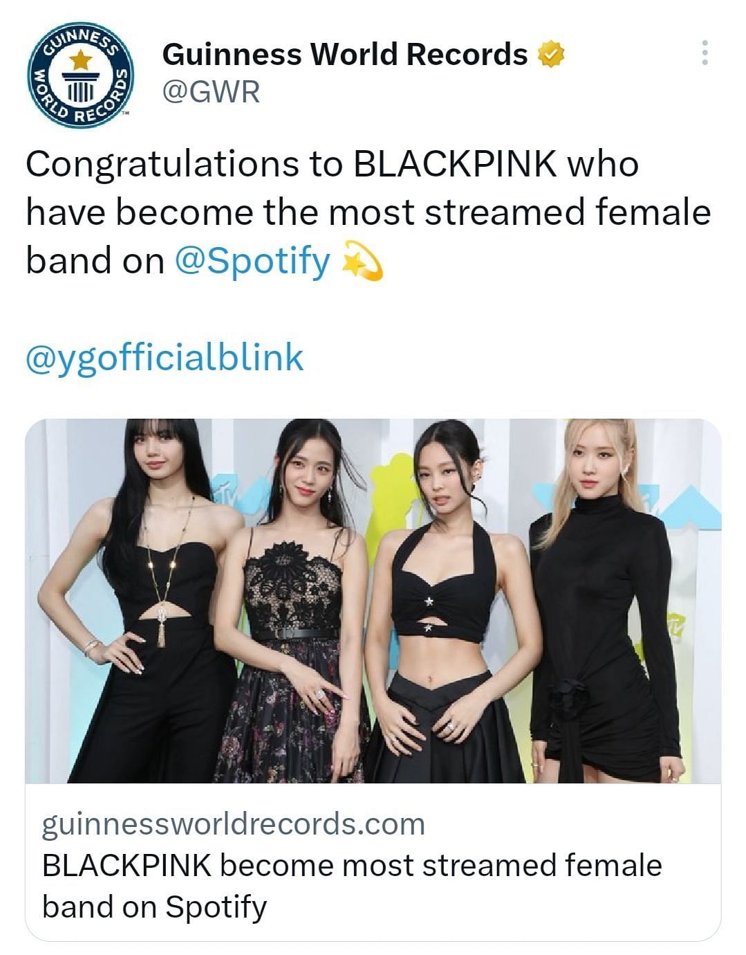 BLACKPINK, became the most streamed female band on Spotify (Image via Guinness Worlds Records Twitter)