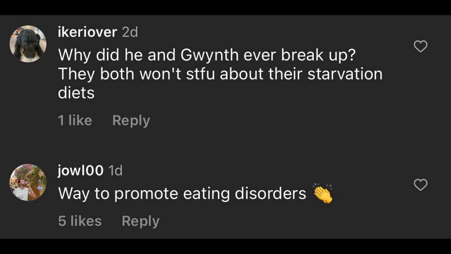 Screenshot of internet users criticizing Martin&#039;s daily meal plan.