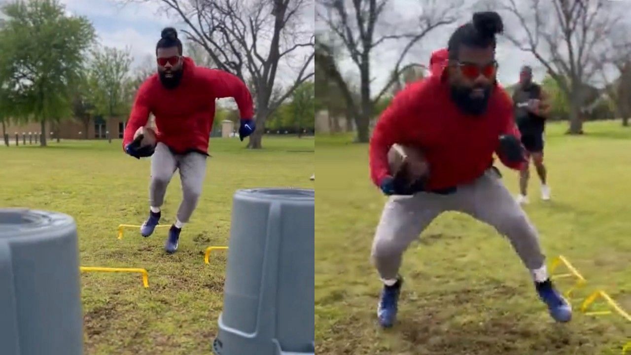 Why is Ezekiel Elliott wearing a hooded sweatshirt during practice?