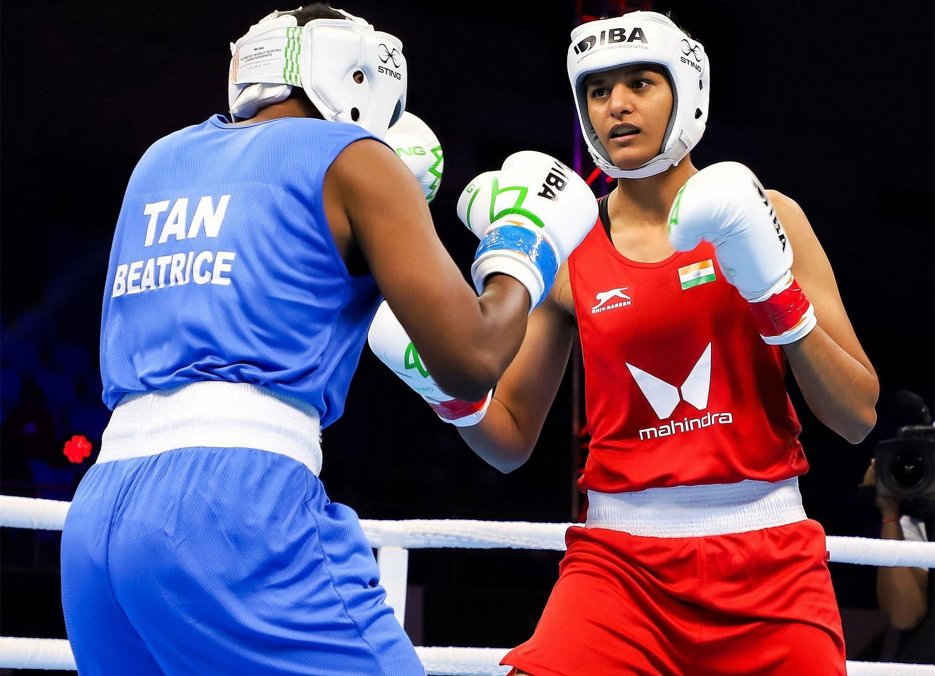 Jasmine Lamboria in action during IBA Women&rsquo;s World Boxing Championships on Friday. Photo credit Boxing Federation of India.