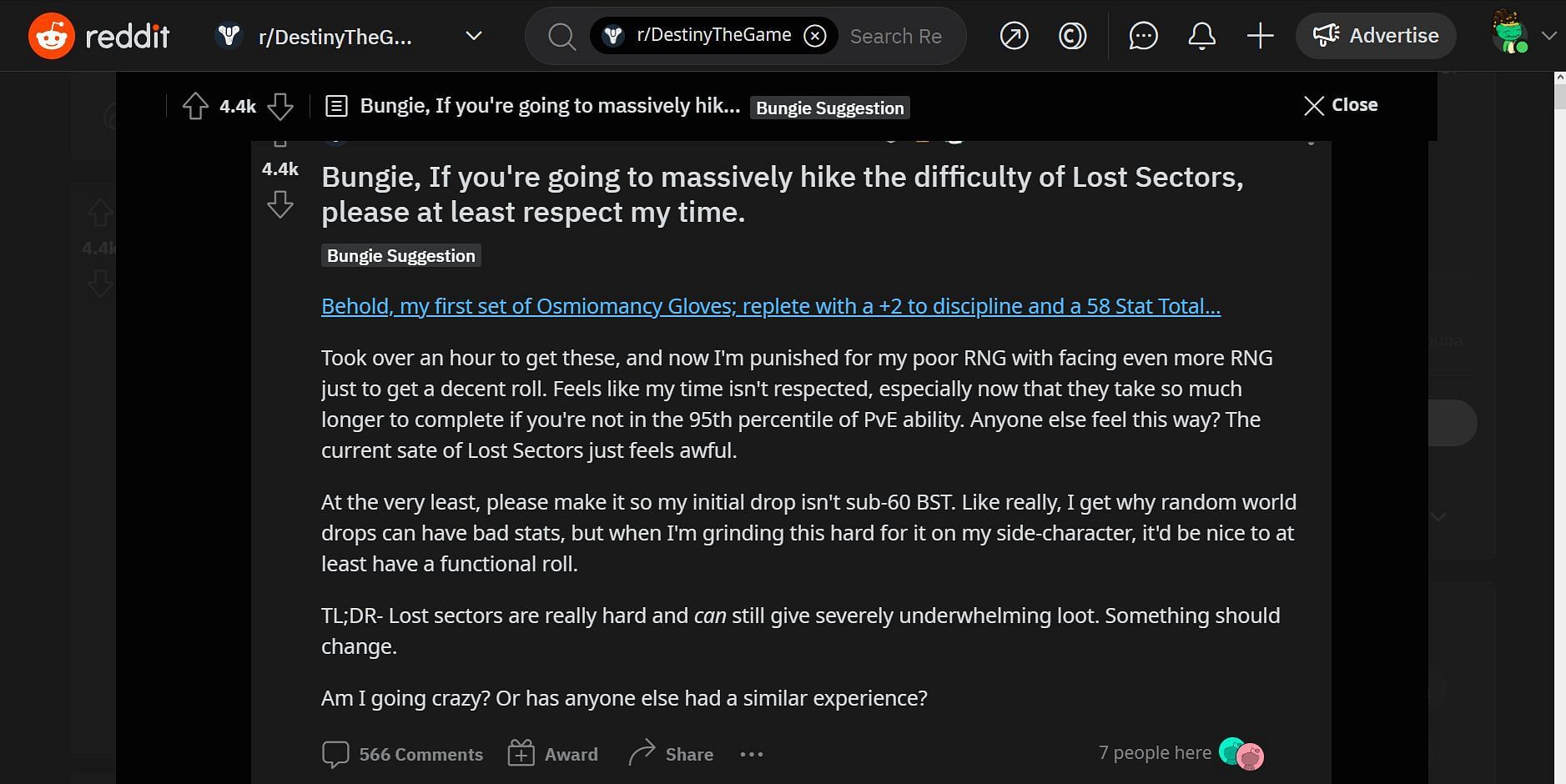 Destiny 2 Reddit post regarding Lost Sector (Image via Reddit)
