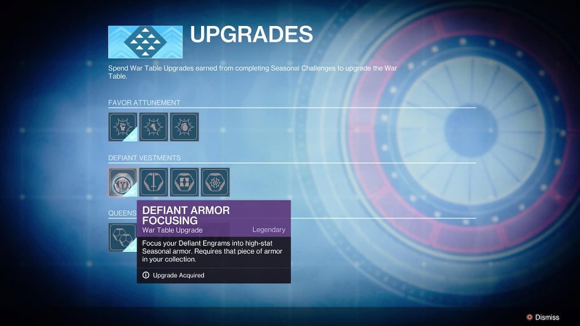 These are the upgrades players can do at the war table (Image via Bungie)