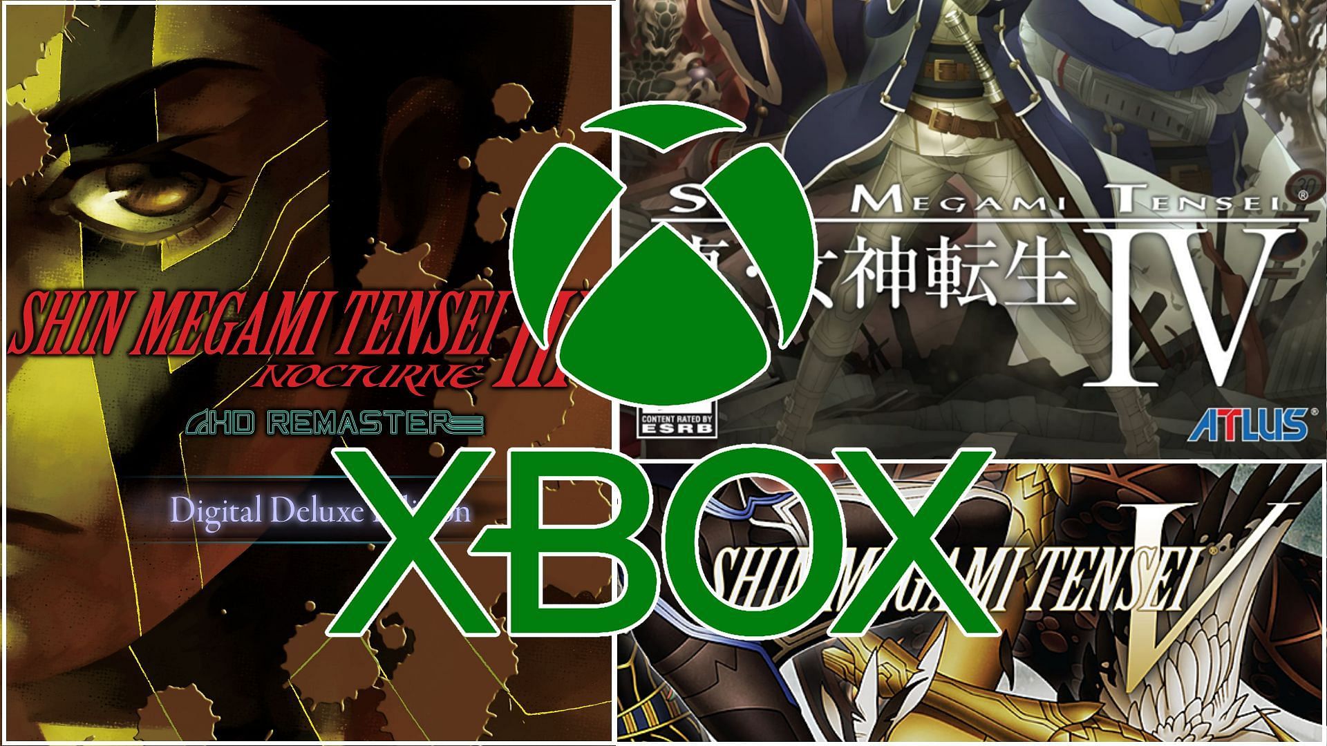 The box arts of Shin Megami Tensei 3, 4 and 5 with the XBox logo on top.