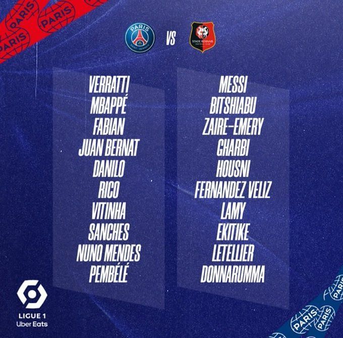 Is Lionel Messi playing for PSG against Rennes today?
