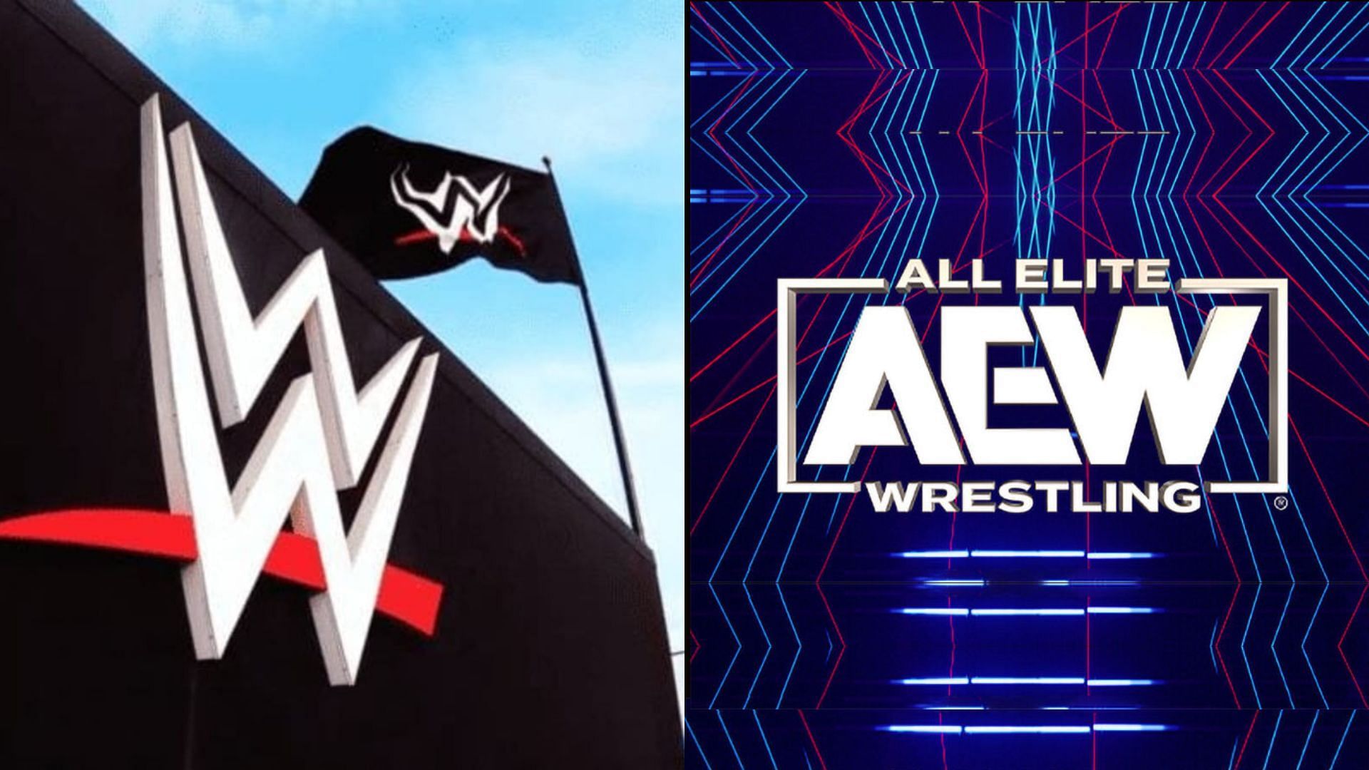 WWE logo (left), All Elite Wrestling logo (right)