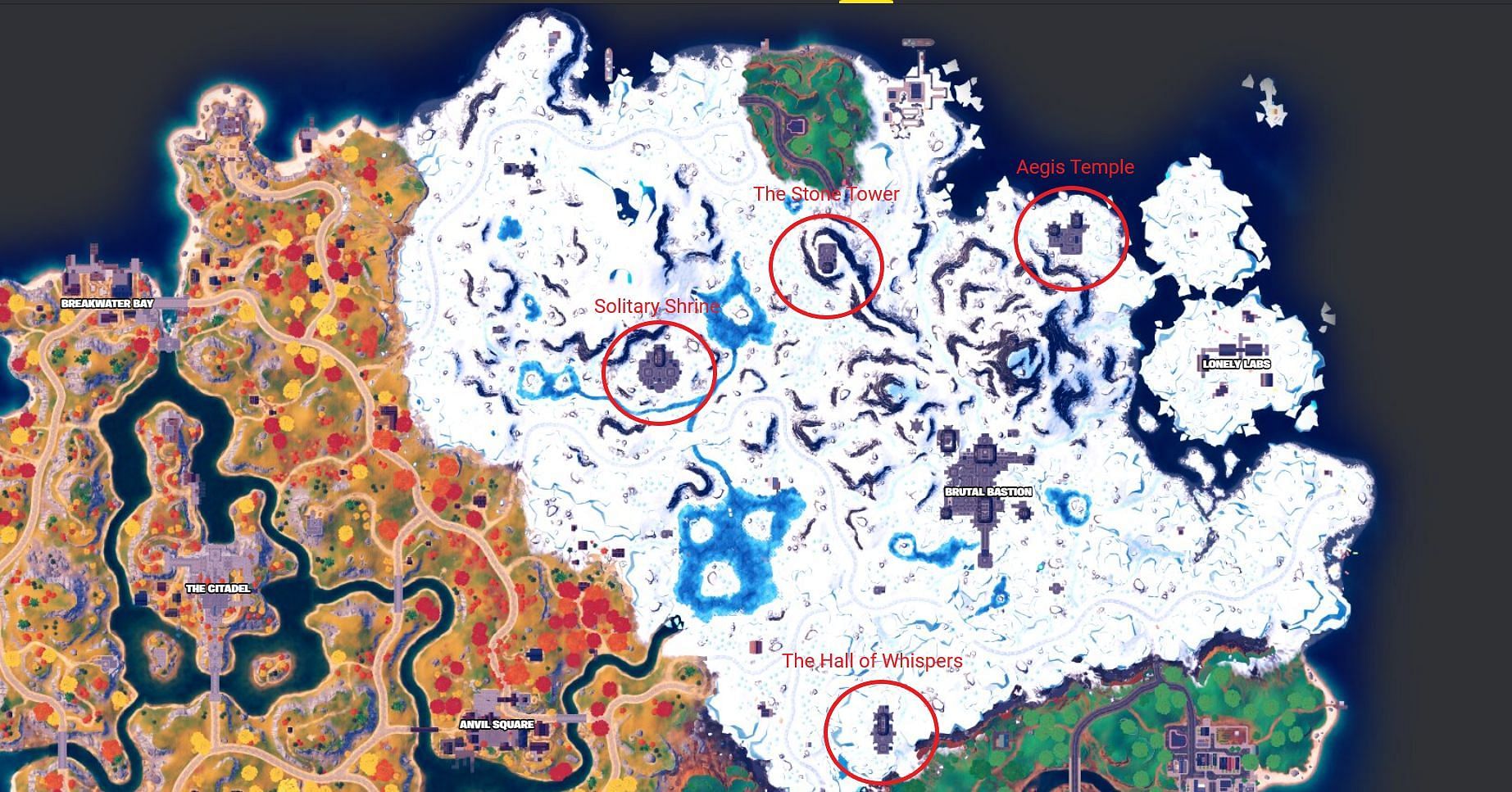 All Bastion Outpost locations in Chapter 4 Season 1 (Image via Fortnite.GG)