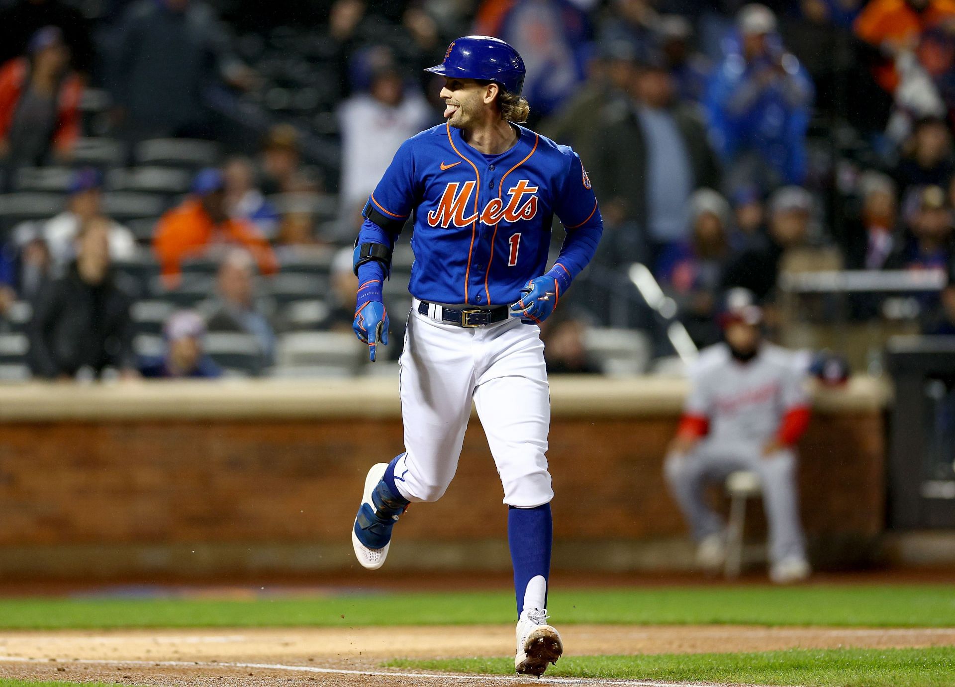 Jeff McNeil #1 of the New York Mets reacts after he hit a solo home run in the first inning against the Washington Nationals during game two of a double header at Citi Field on October 04, 2022 in the Flushing neighborhood of the Queens borough of New York City.