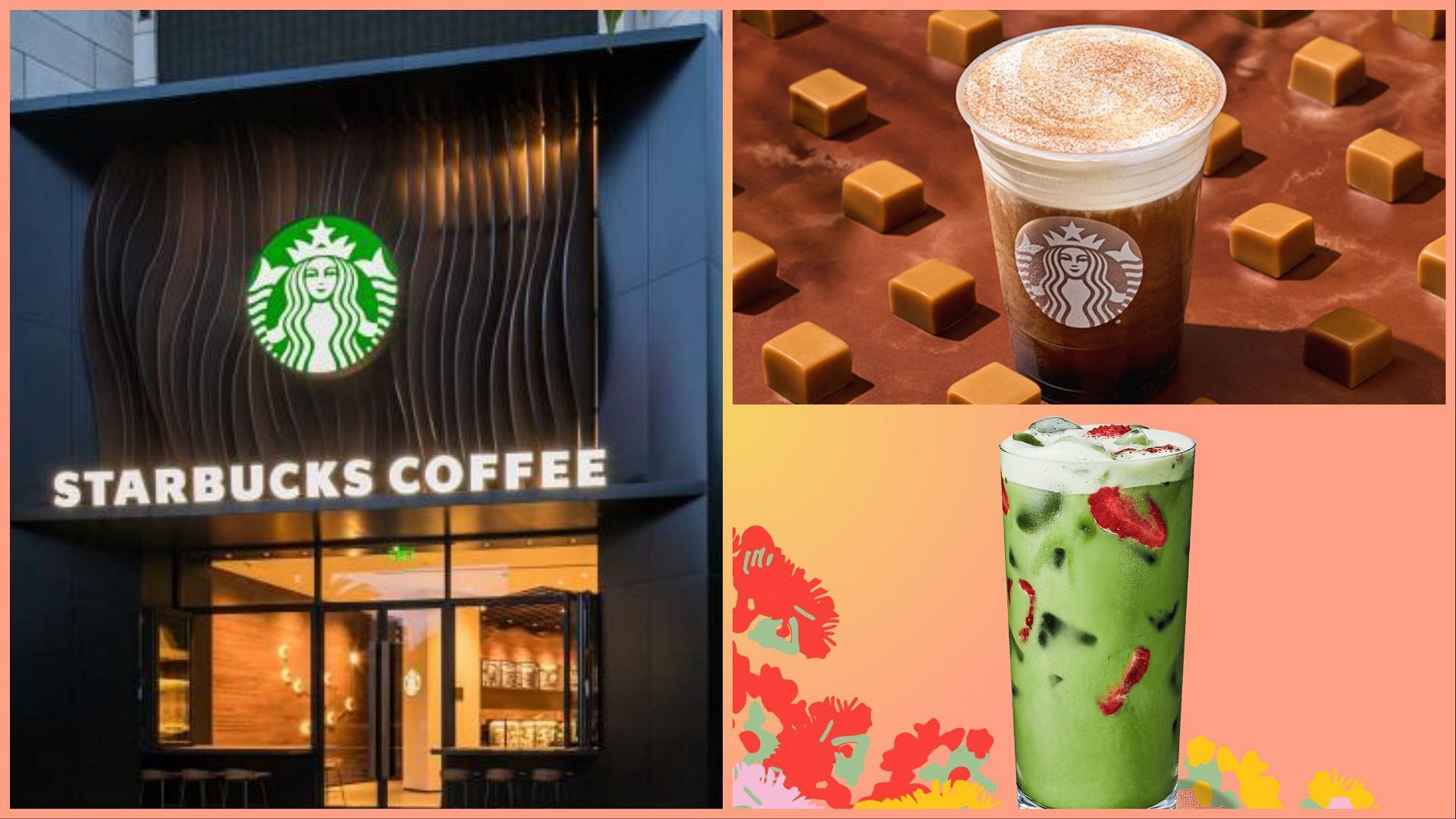 Starbucks outlet, Cinnamon Caramel Cream Cold Brew (top right), Iced Strawberry Oat Matcha Tea Latte (bottom right) (Image via Starbucks)