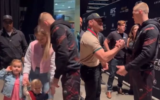 Watch: Irish prospect Ian Garry shares a moment with Conor McGregor and family backstage at UFC 285 weigh-ins