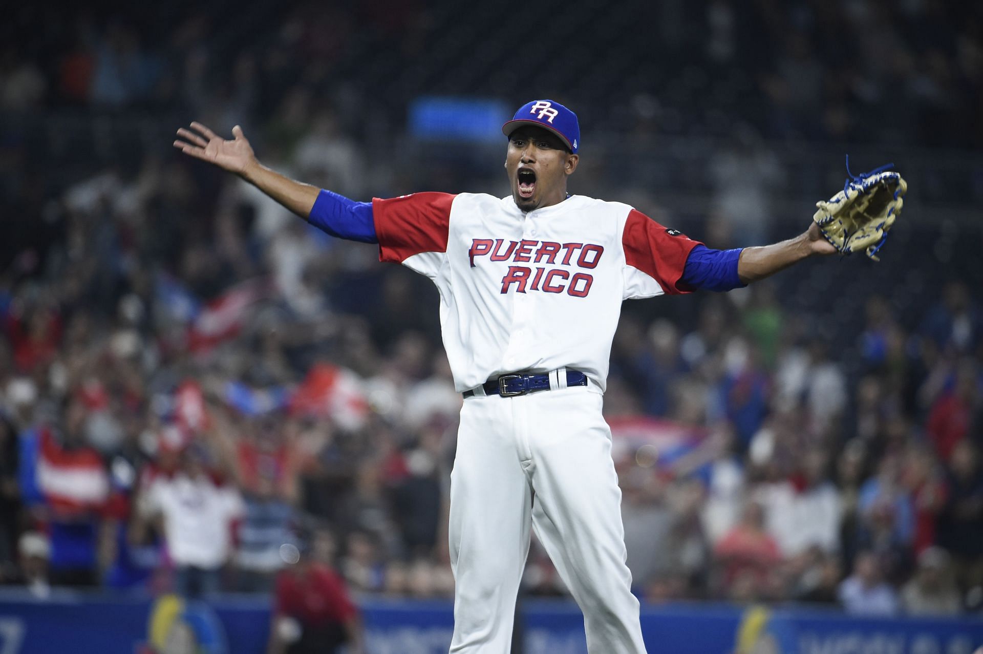 Edwin Diaz #39 of Puerto Rico celebrates after Puerto Rico beat the Dominican Republic in the 2017 World Baseball Classic