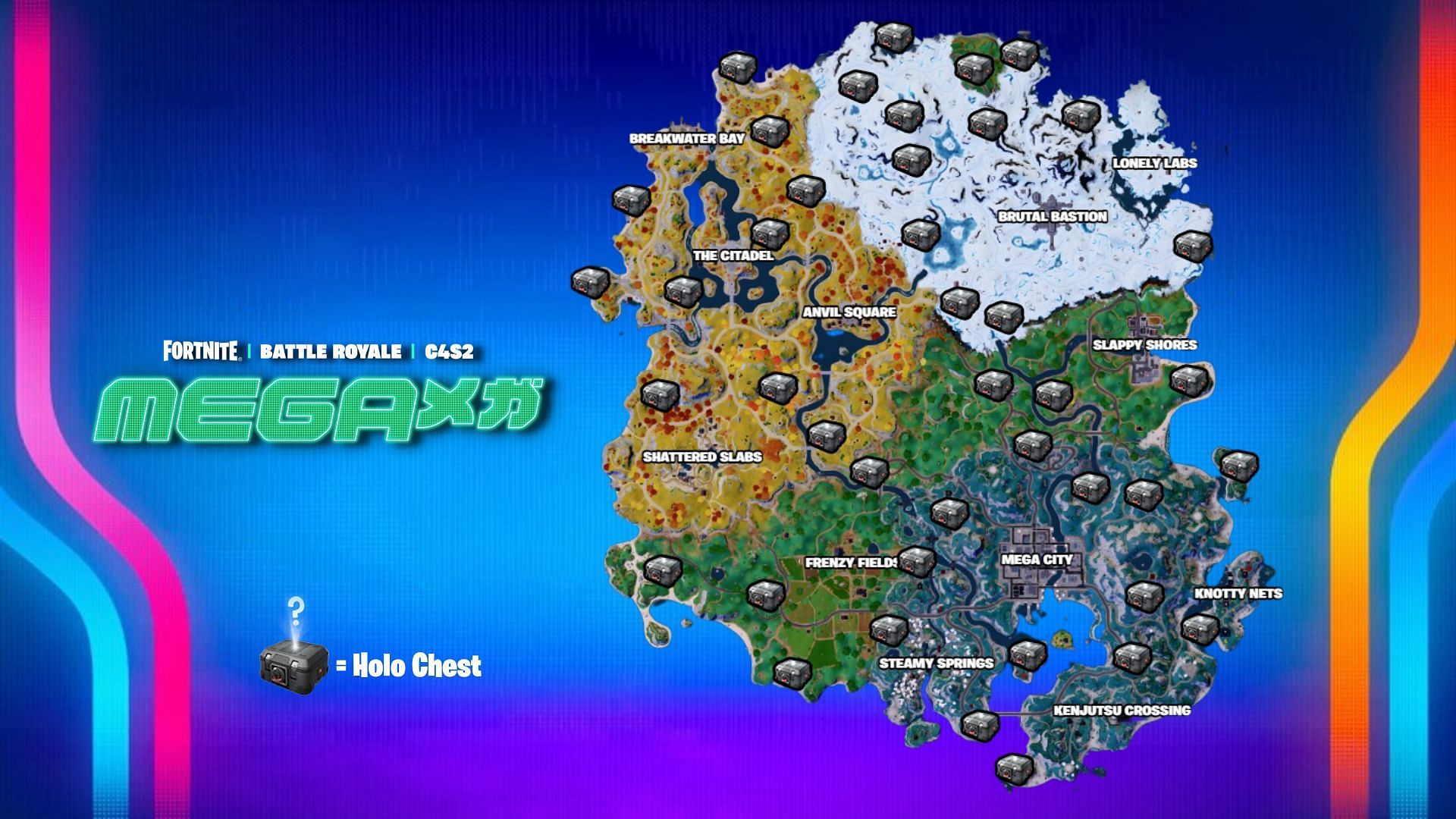 Location of Holo Chests on the Fortnite map. (Image via Fortnite.GG)