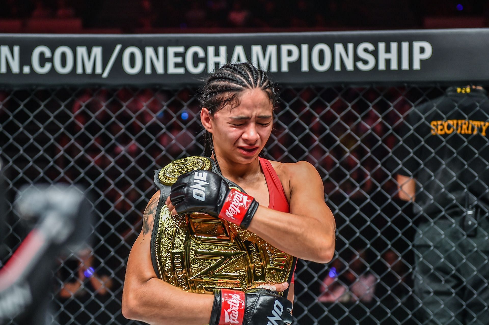 An emotional Allycia Hellen Rodrigues poured her heart out after unifying the ONE atomweight Muay Thai belt.