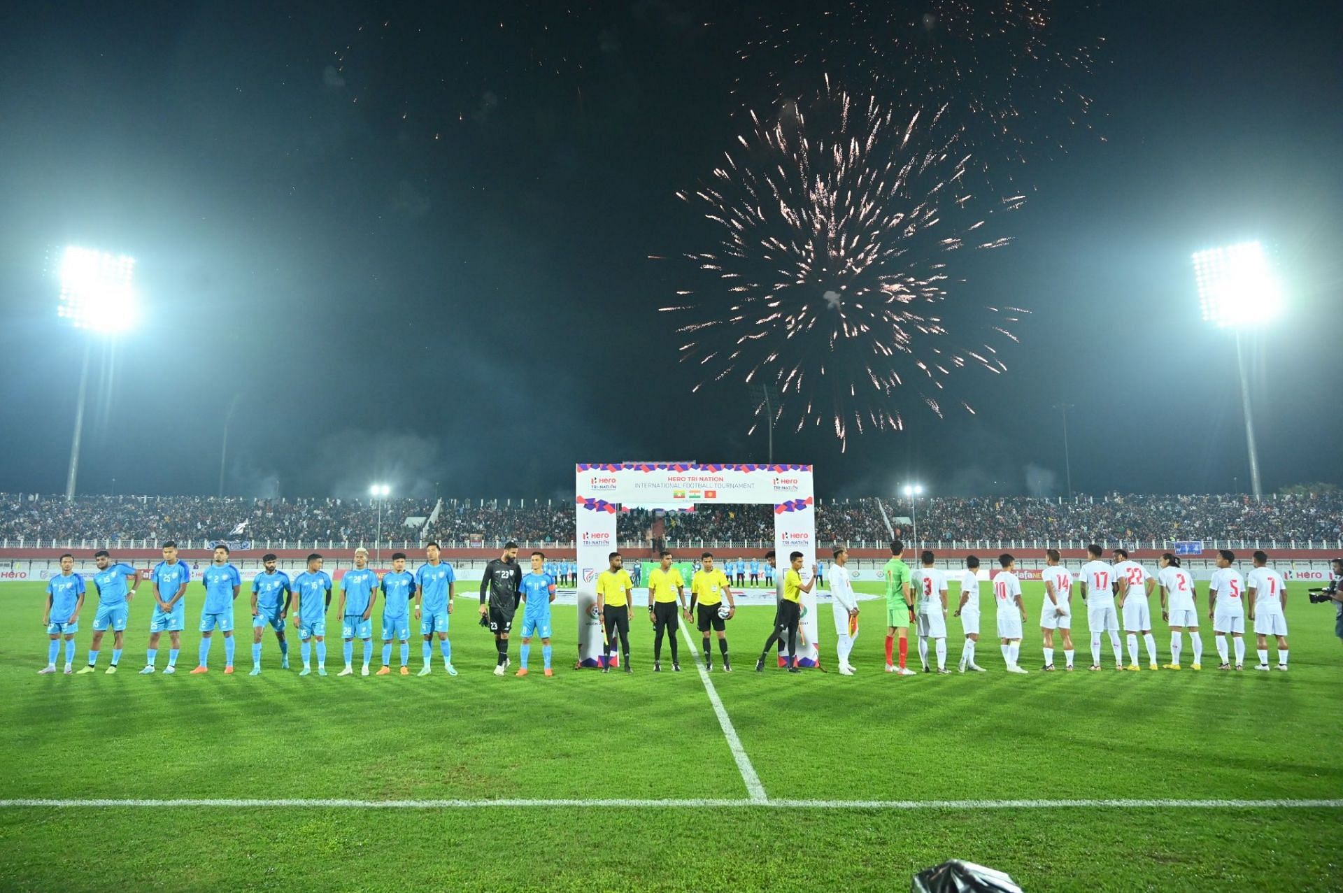 India and Myanmar players ahead of the opening clash.