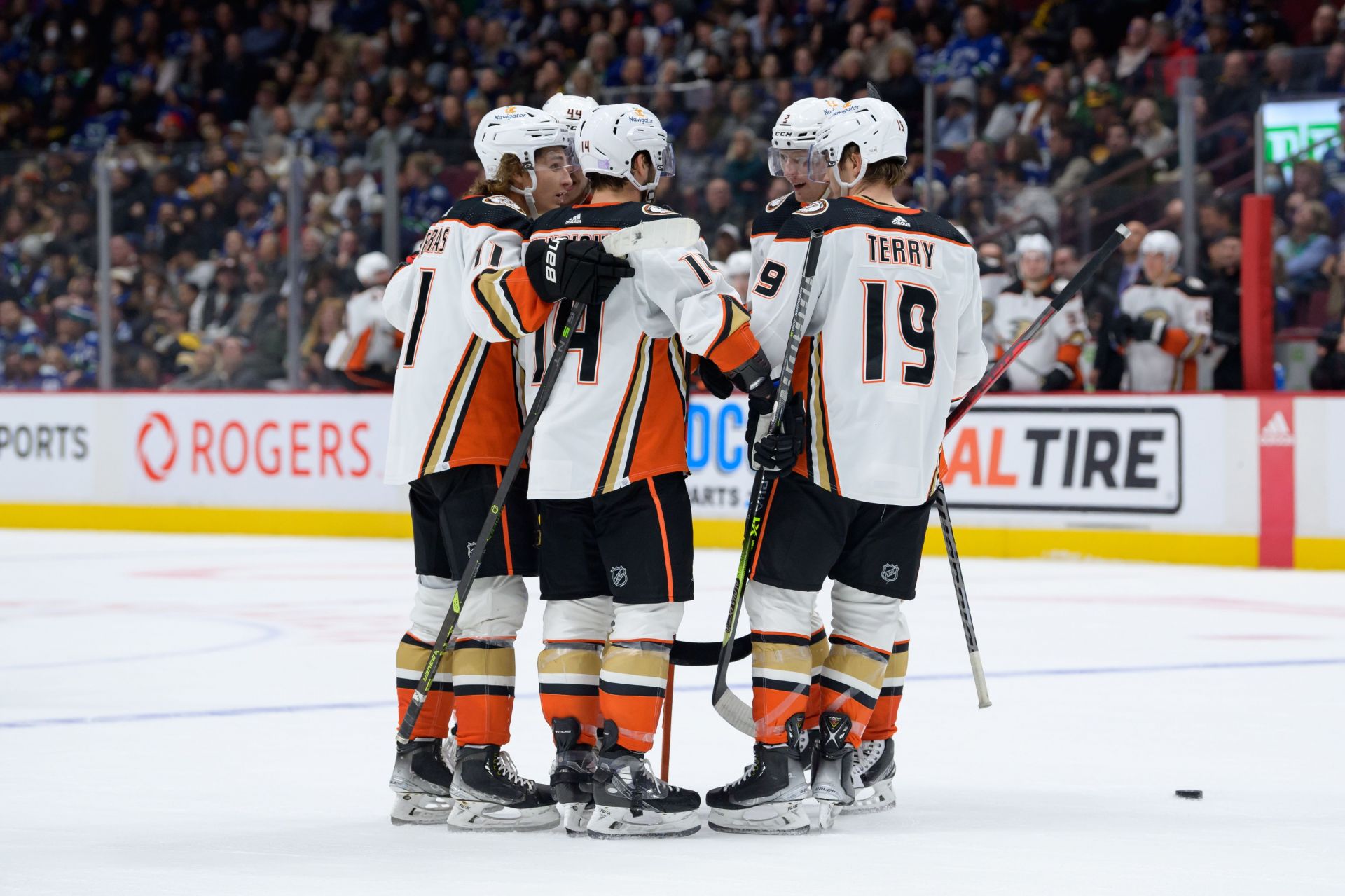 Trevor Zegras and Troy Terry with their teammates during Anaheim Ducks v Vancouver Canucks game