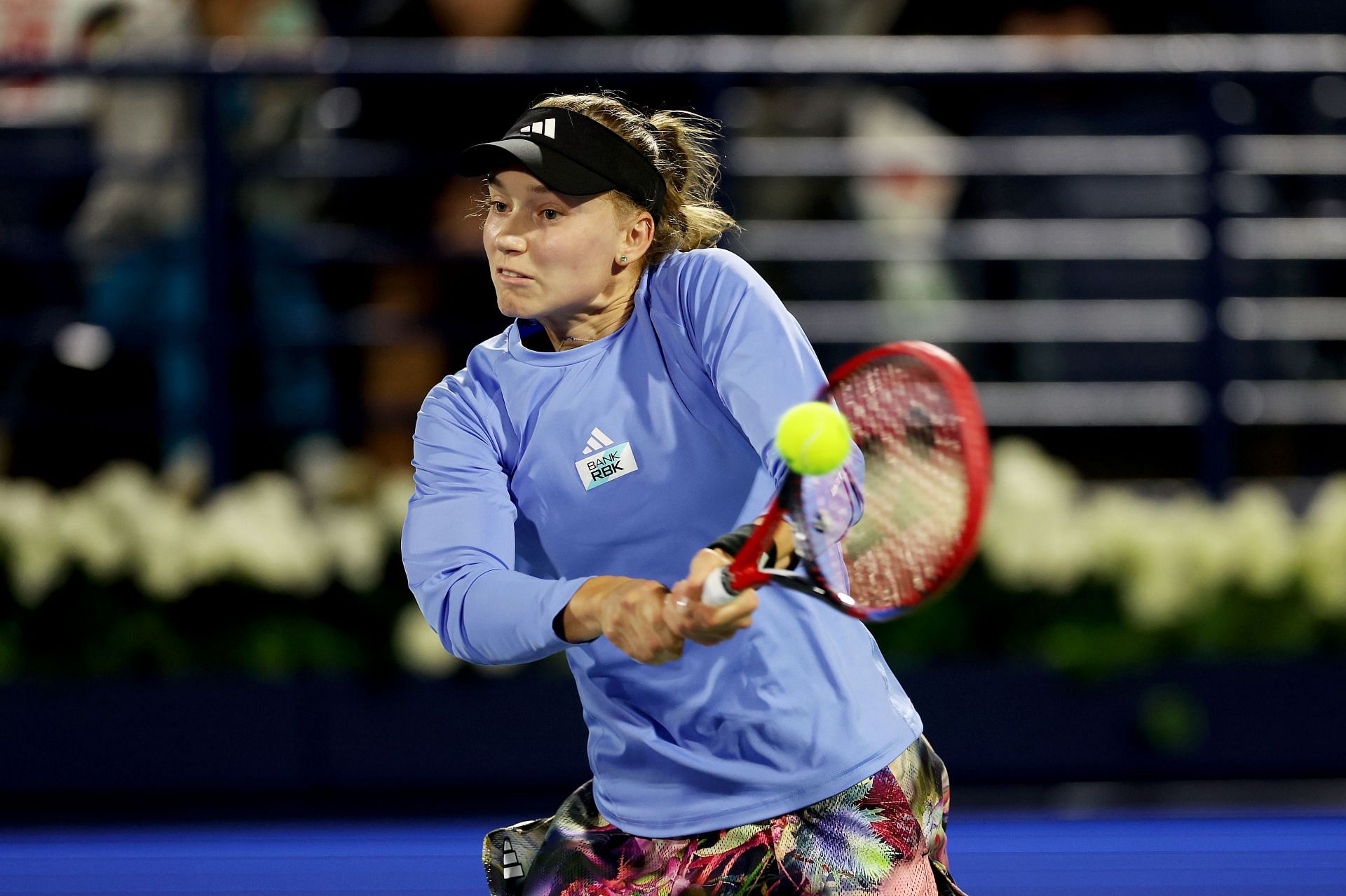 Elena Rybakina strikes the ball in Dubai