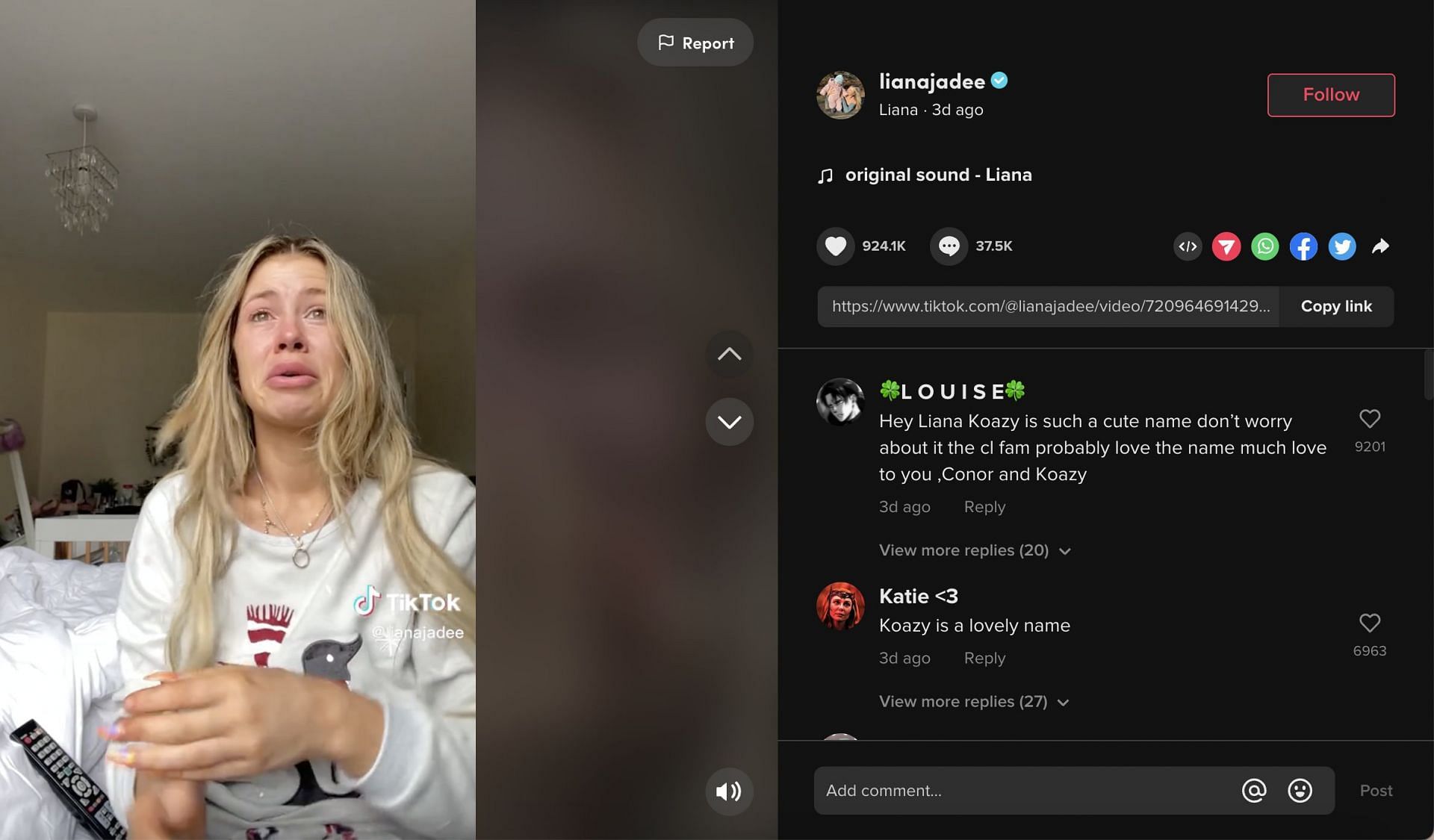 Liana took to Twitter to address the backlash she and her husband have been facing for naming their son &quot;Koazy.&quot; (Image via TikTok)
