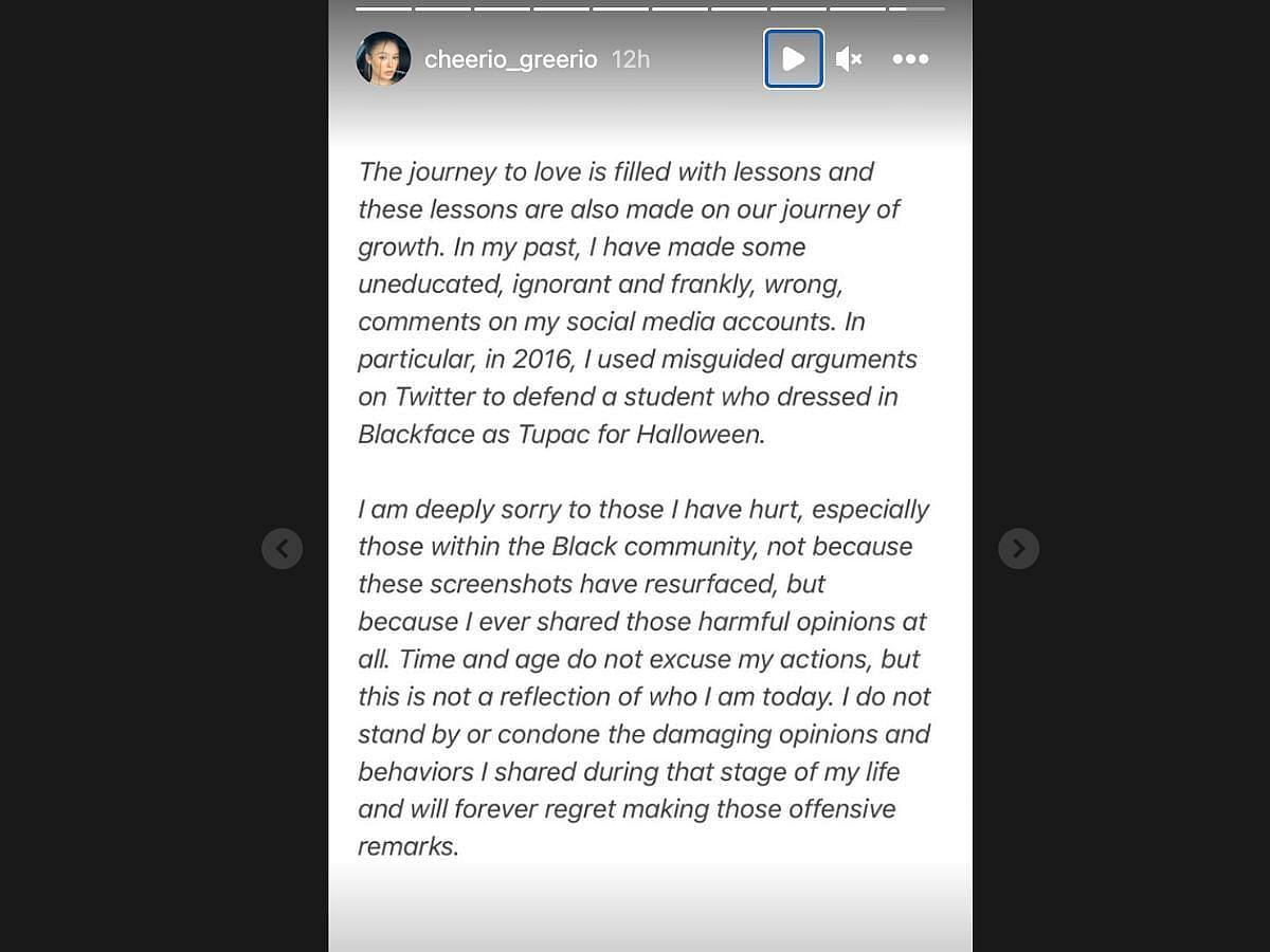 Greer Blitzer apologizes for the blackface controversy (Image via Instagram/ @cheerio_greerio)