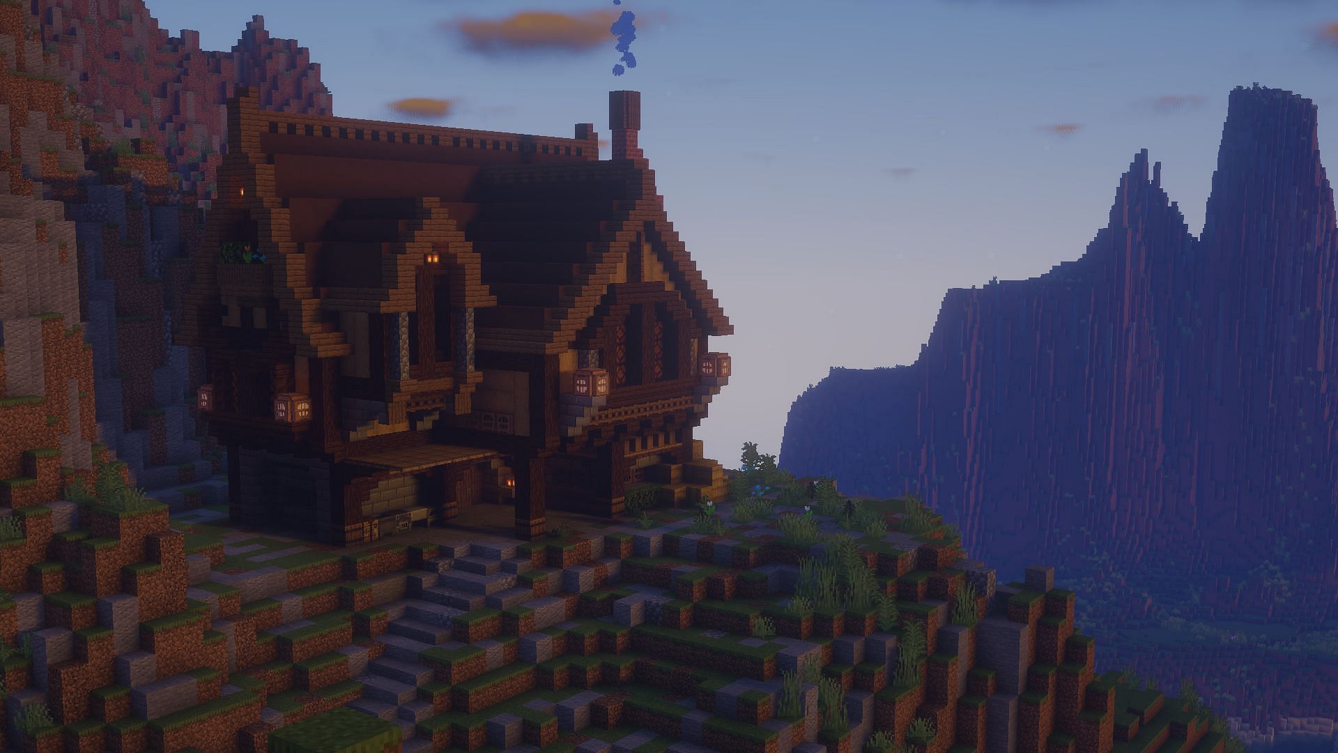 Mountain-top houses look stunning, and they offer a brilliant view of the Minecraft world as well (Image via Reddit/u/Cursed_Human_Being)