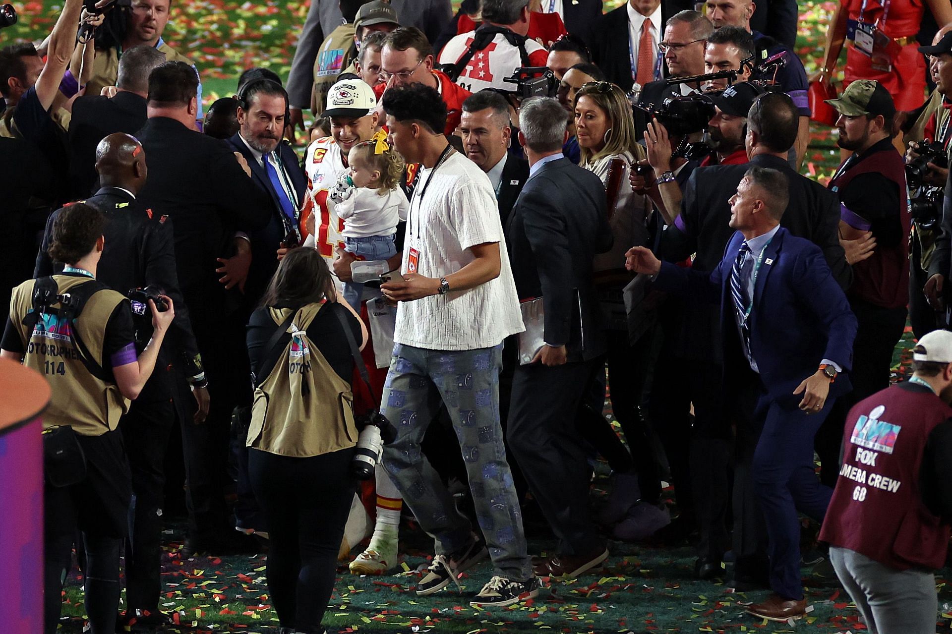 Patrick and Jackson Mahomes at the Super Bowl LVII - Kansas City Chiefs v Philadelphia Eagles game