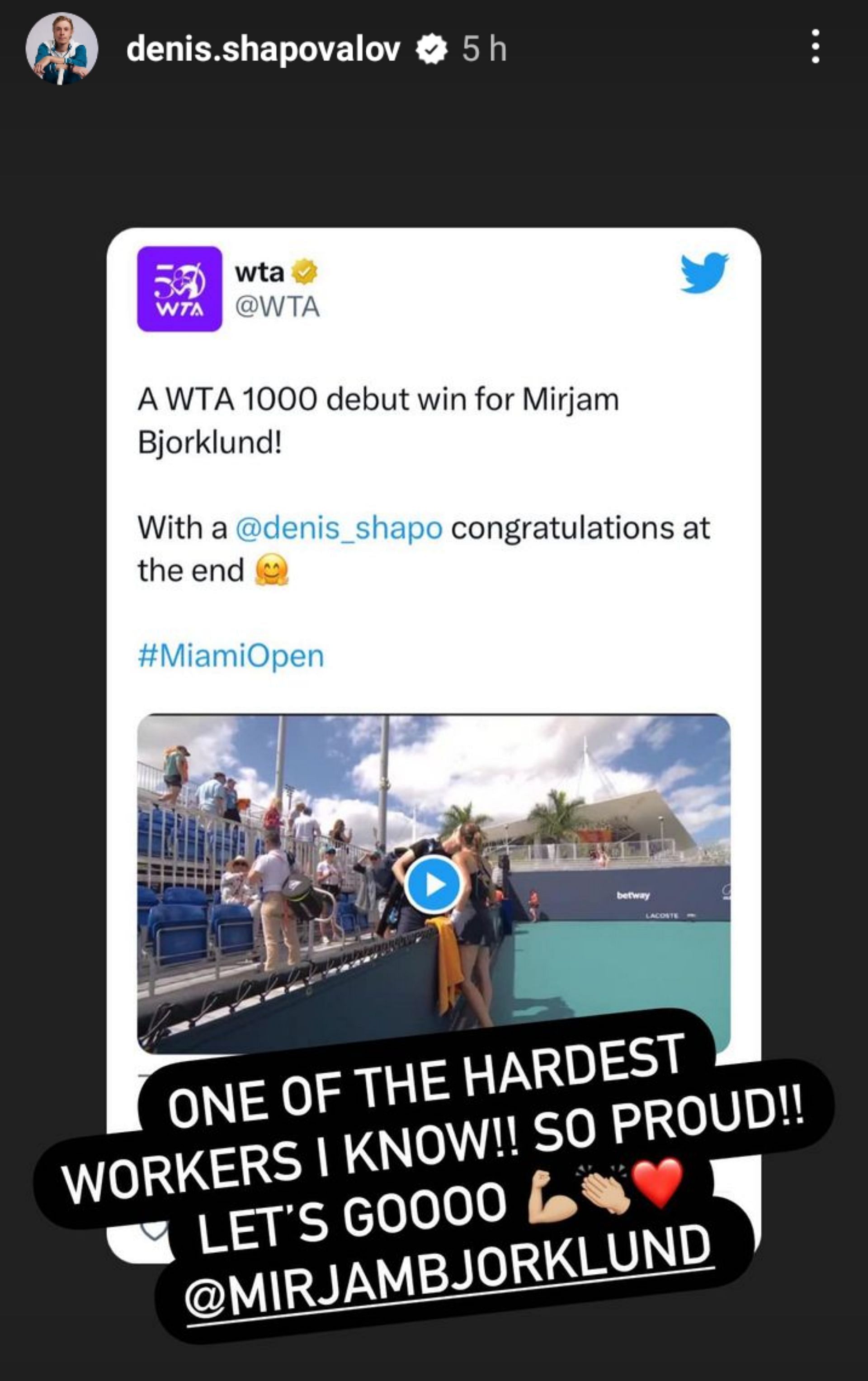 Shapovalov wrote on his Instagram stories