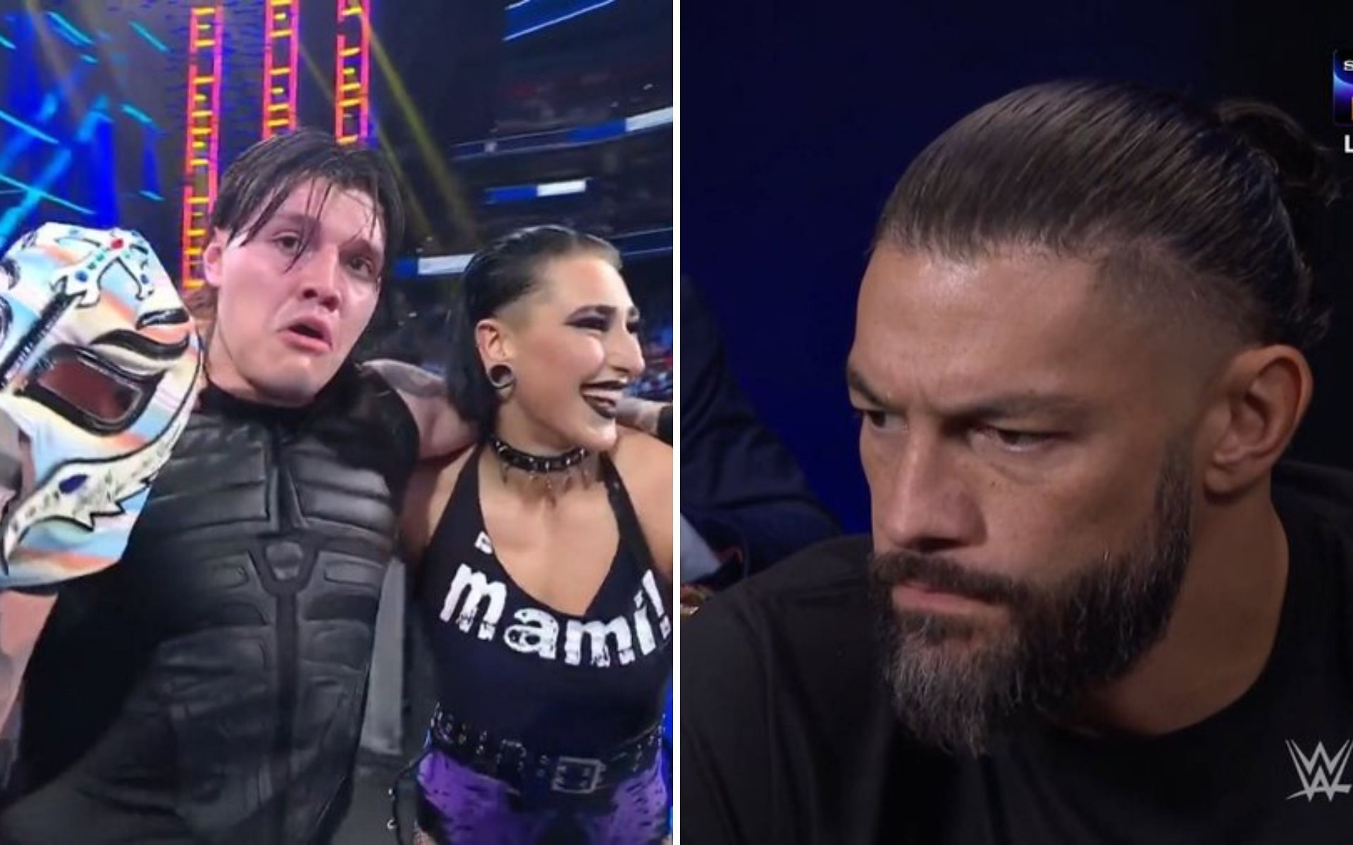 Dominik and Rhea Ripley (left); Roman Reigns (right)