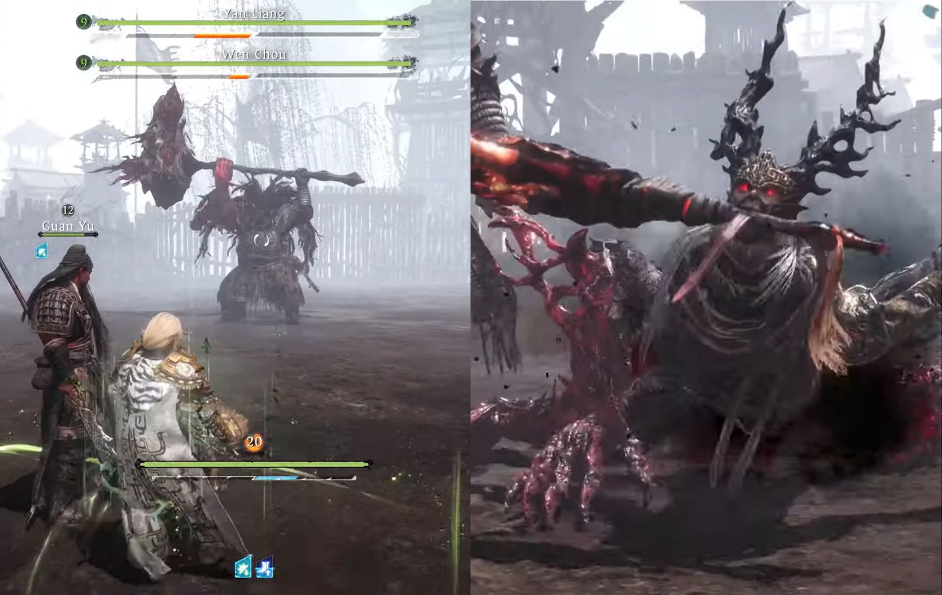 Scenes during the boss fight in Wo Long: Fallen Dynasty: Wen Chou (left) and Yan Liang (right) (Images via LunarGaming Guides/YouTube)