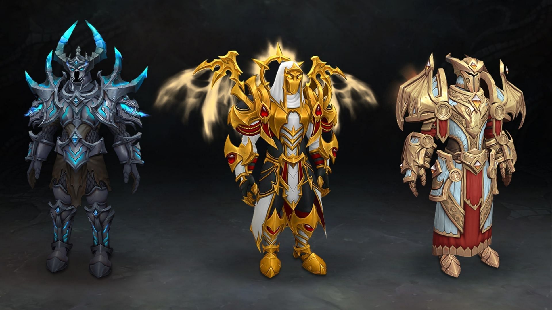 Deathknight, Priest, and Paladin armor sets in World of Warcraft: Dragonflight&#039;s Aberrus raid (Image via Blizzard Entertainment)