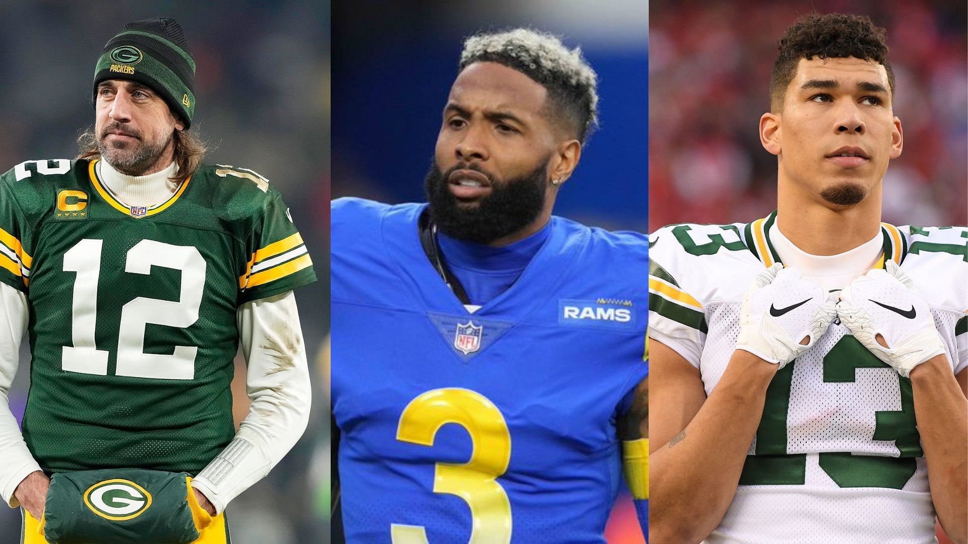 Aaron Rodgers (l) reportedly wants FA WRs Odell Beckham Jr. (c) and Allen Lazard (r) with the Jets