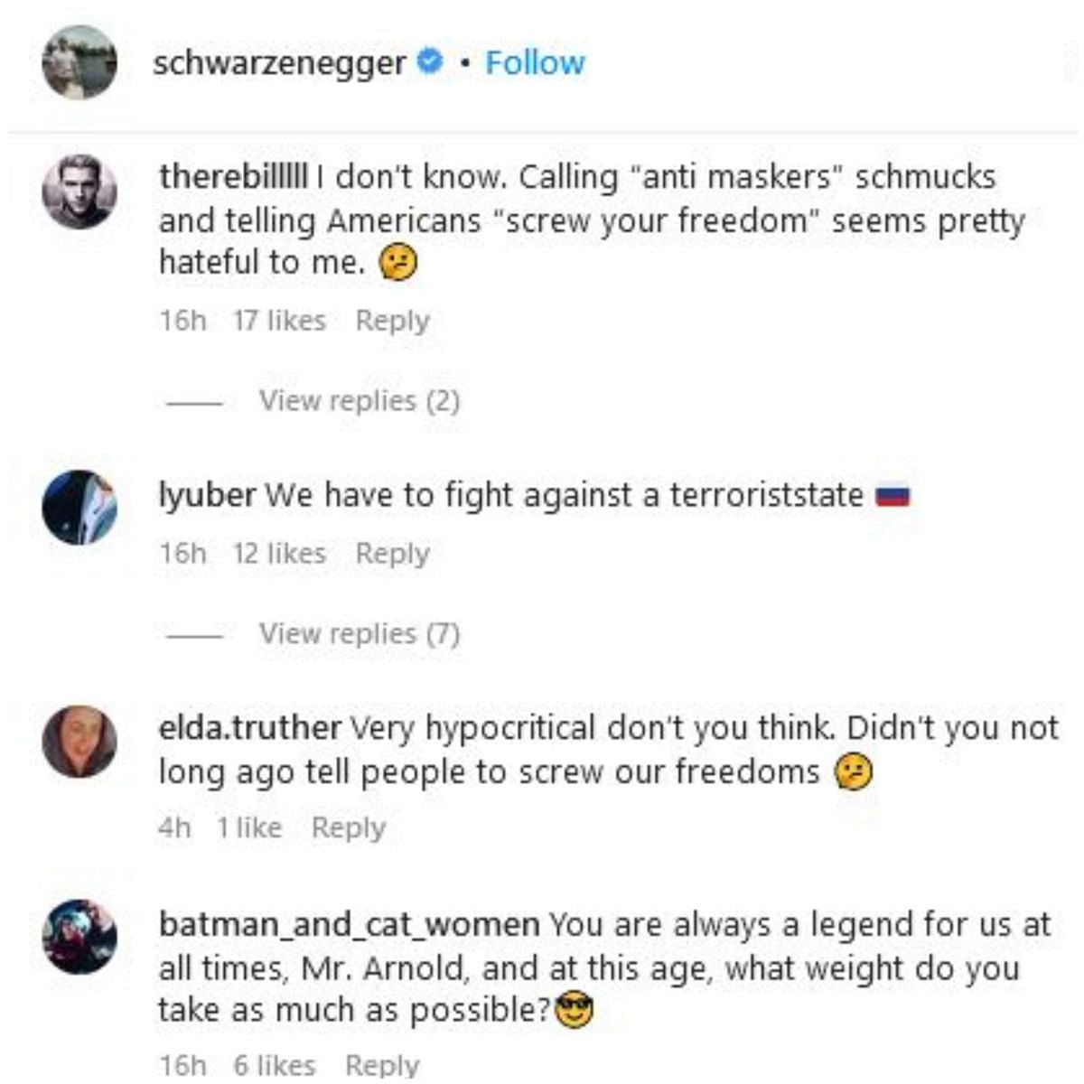 Screengrab of Arnold Schwarzenegger&#039;s Instagram comment section